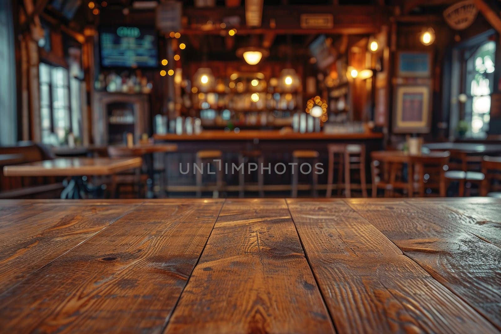 Empty wooden table and blurred background. Generative AI.