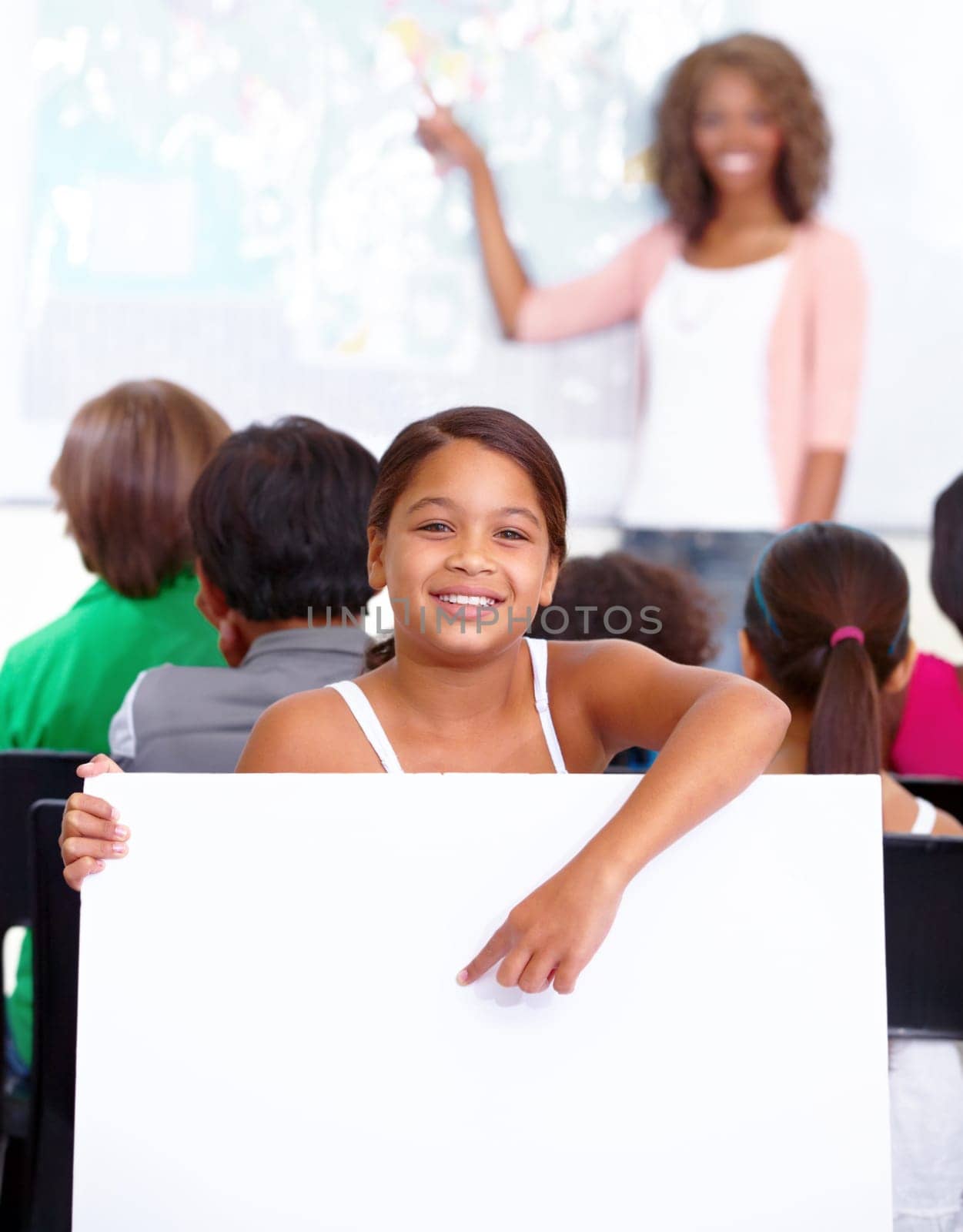 Woman, portrait and child with poster in classroom for education or learning with teacher at school. Young female person, little girl or kid smile with banner for advertising on mockup space.
