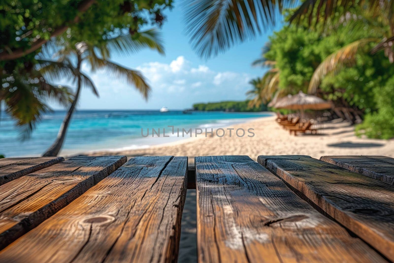 Empty wooden table and blurred beach background. Generative AI.