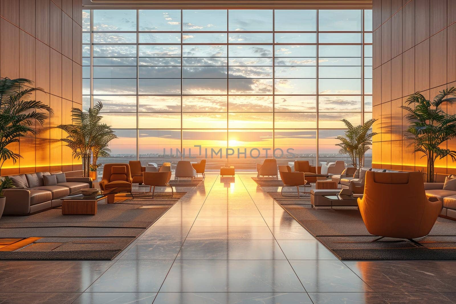 Empty luxury lounge in passenger hall at airport terminal. Generative AI by itchaznong