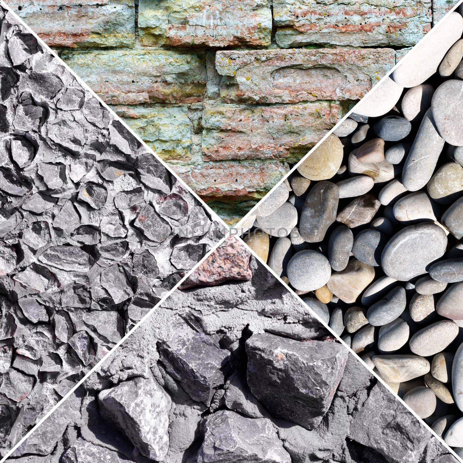Stone wall with different stones. Texture, various natural stones, collage