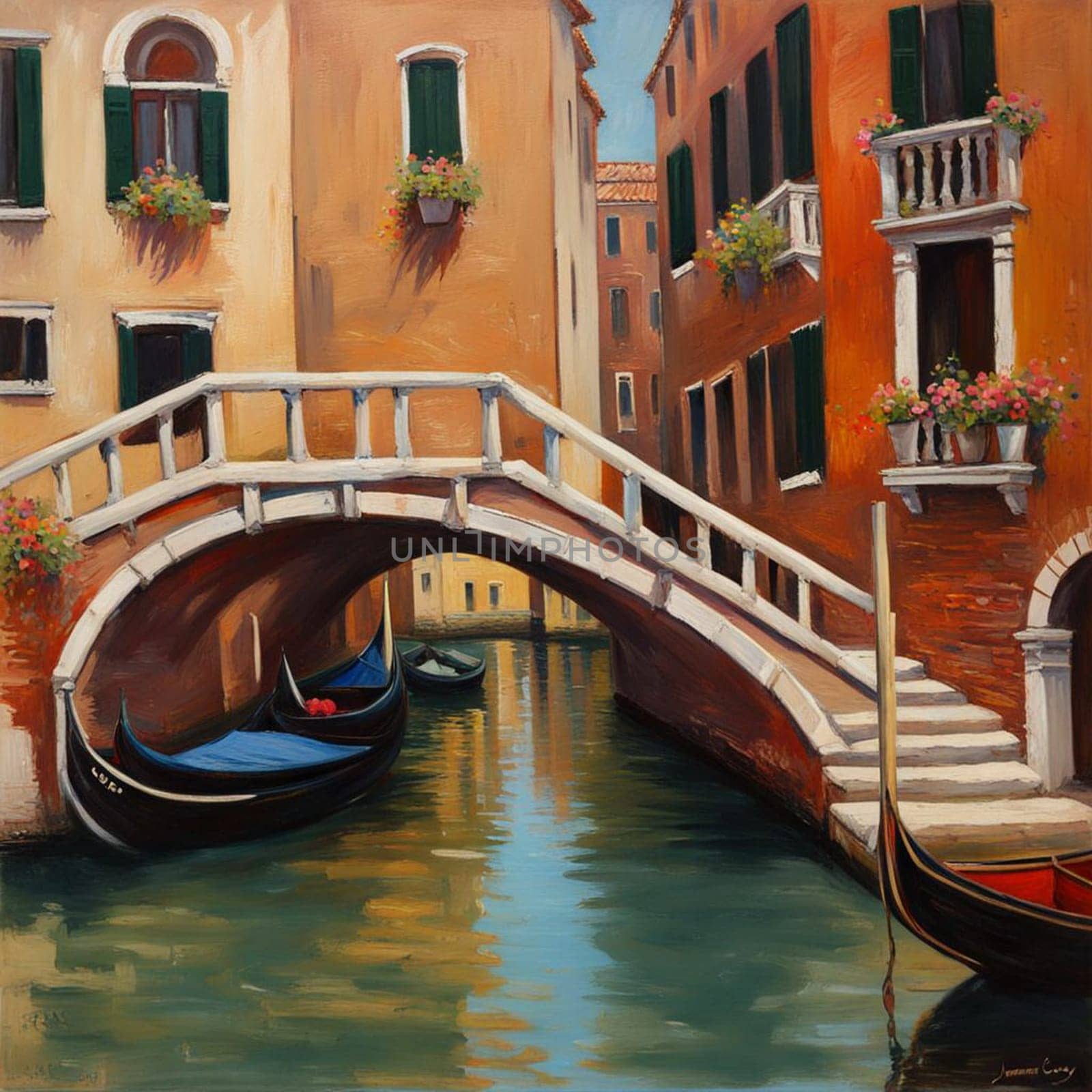AI generated oil painting of Venice architecture and water canal.