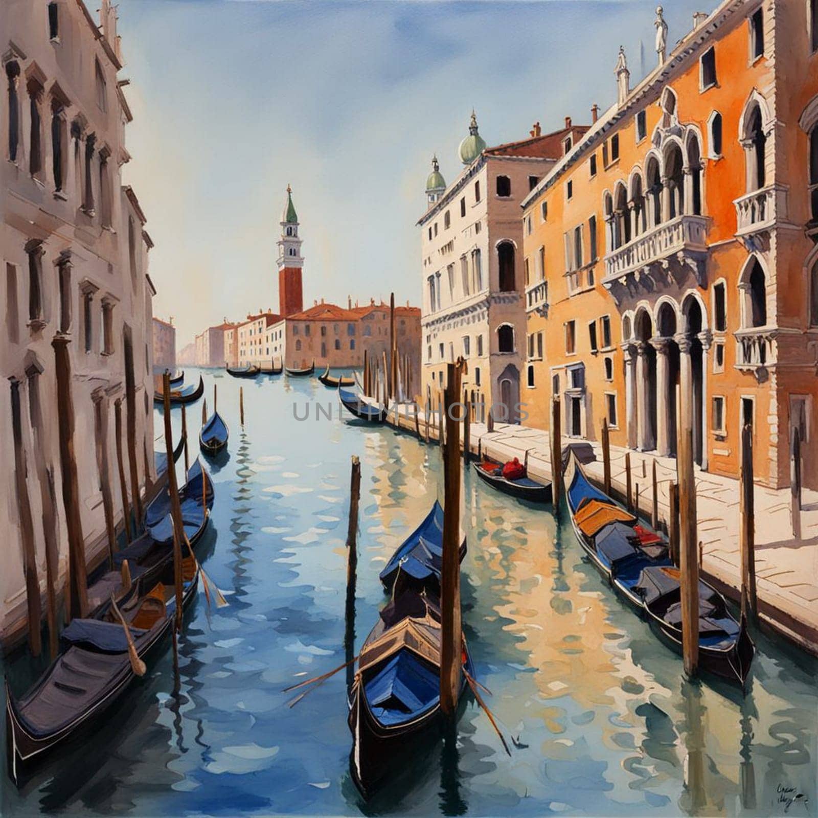 Oil painting of Venetian architecture and water canal in Venice by Vailatese46