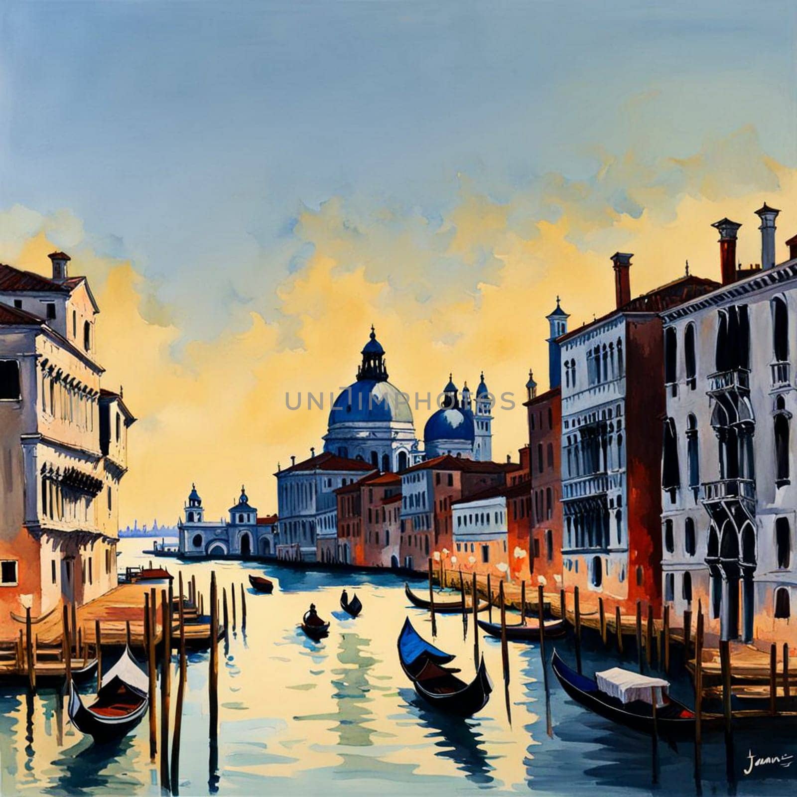 Oil painting of Venetian architecture and water canal in Venice by Vailatese46