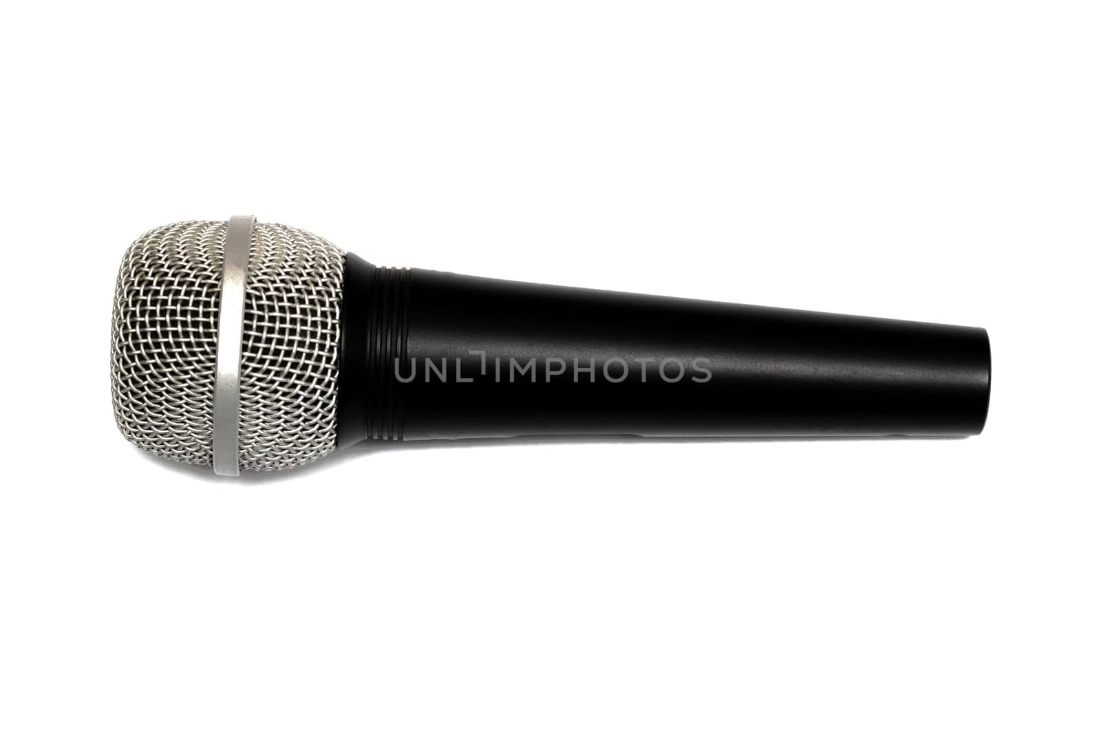 The Black microphone close up, isolate on a white background