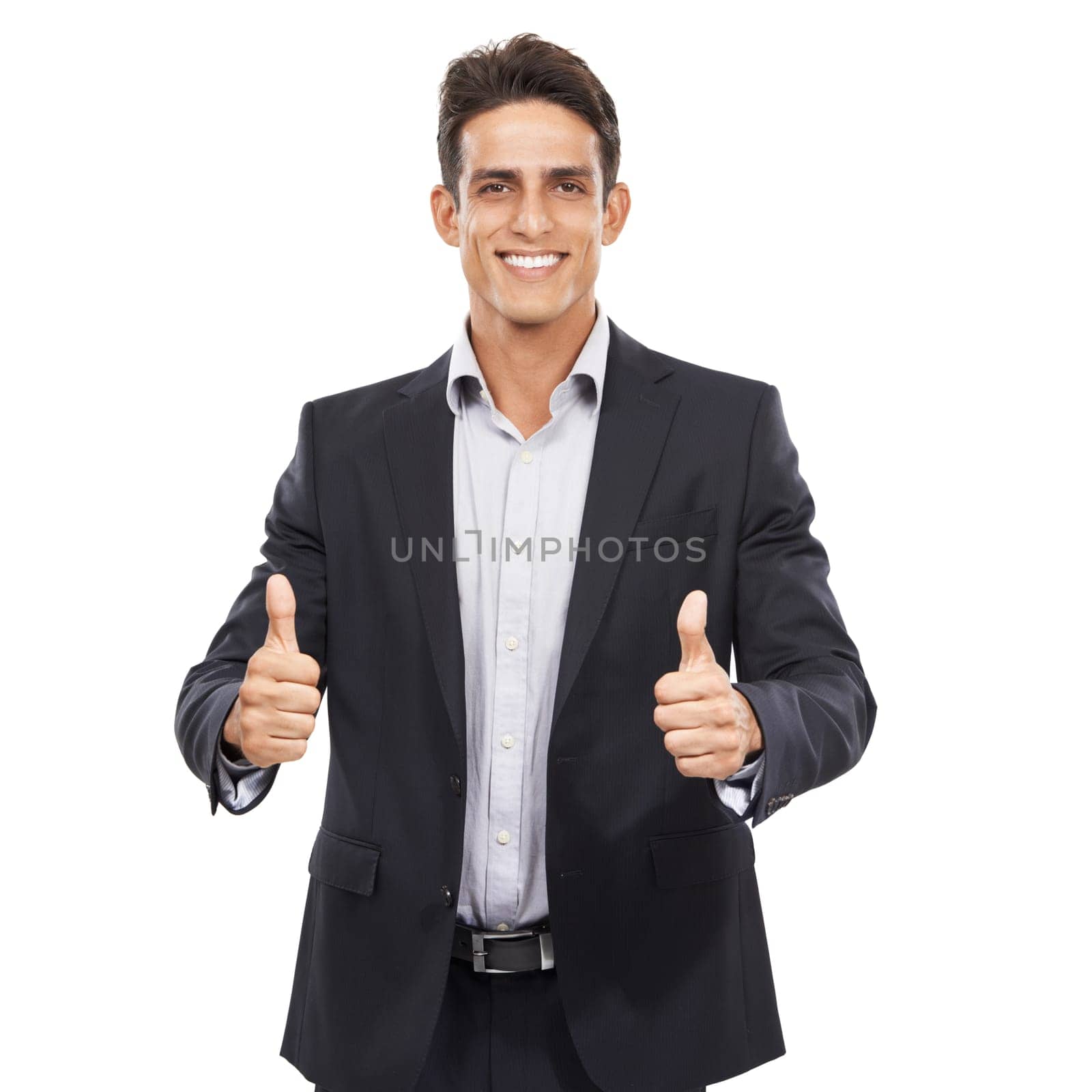 Business man, thumbs up in portrait and feedback in studio, yes vote or review with like emoji on white background. Corporate professional, communication and success with hand gesture for agreement by YuriArcurs