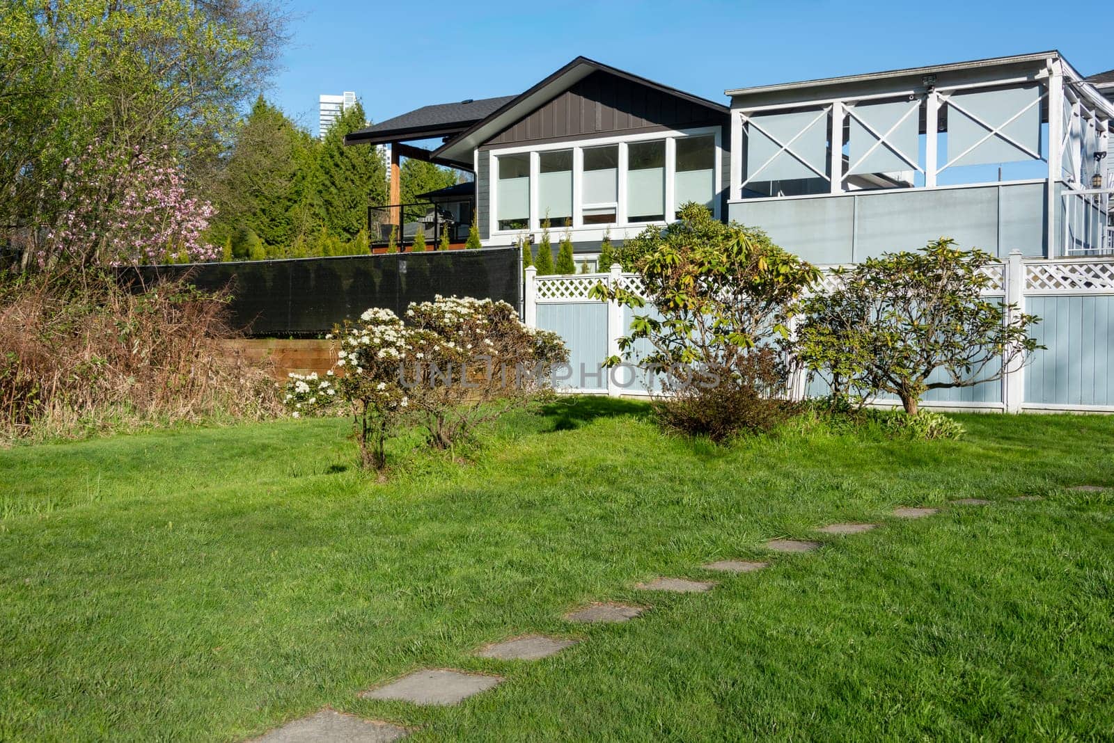 Back yard of residential house with open patio and tile passway over the green lawn in front