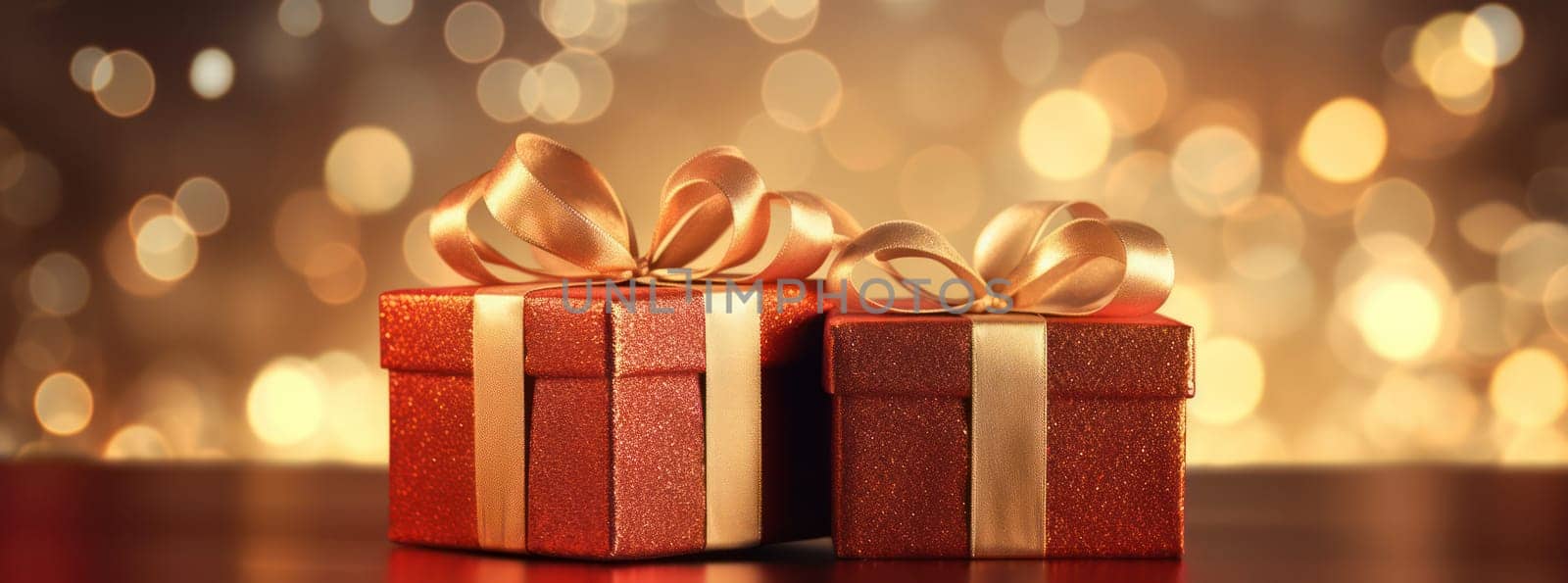 Festive Christmas Surprise: A Decorative Gift Box with Bright Bow and Ribbon, Illuminated by Bokeh Lights on a Beautiful Blue Winter Background.