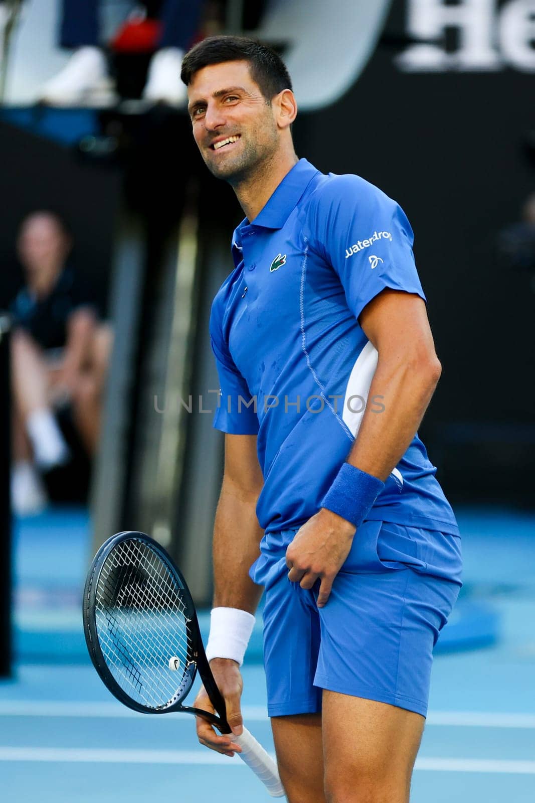 MELBOURNE, AUSTRALIA - JANUARY 11: Novak Djokovic of Serbia plays Stefanos Tsitsipas of Greece during a charity match ahead of the 2024 Australian Open at Melbourne Park on January 11, 2024 in Melbourne, Australia.