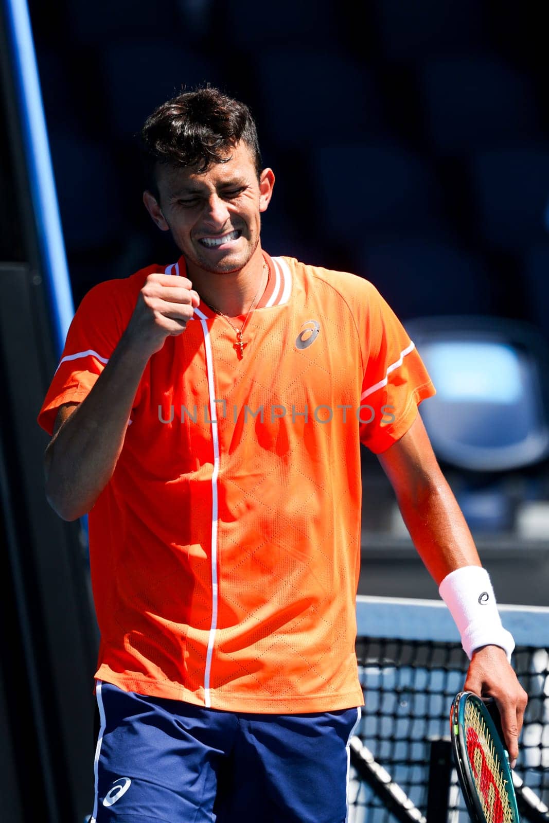 MELBOURNE, AUSTRALIA - JANUARY 11: EmilioNava of USA celebrates beating Mattia Bellucci of Italy in qualifying ahead of the 2024 Australian Open at Melbourne Park on January 11, 2024 in Melbourne, Australia.