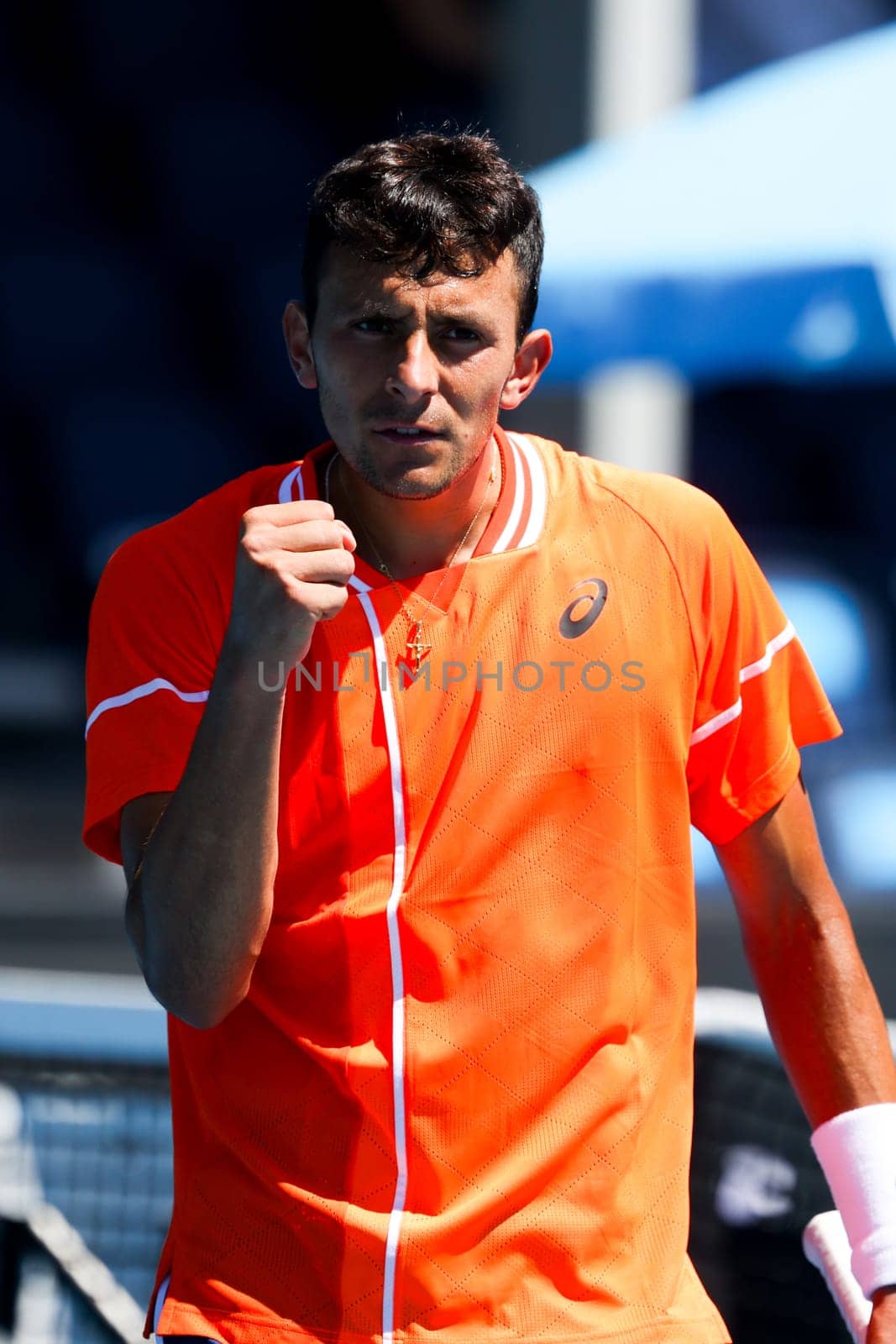 MELBOURNE, AUSTRALIA - JANUARY 11: EmilioNava of USA celebrates beating Mattia Bellucci of Italy in qualifying ahead of the 2024 Australian Open at Melbourne Park on January 11, 2024 in Melbourne, Australia.