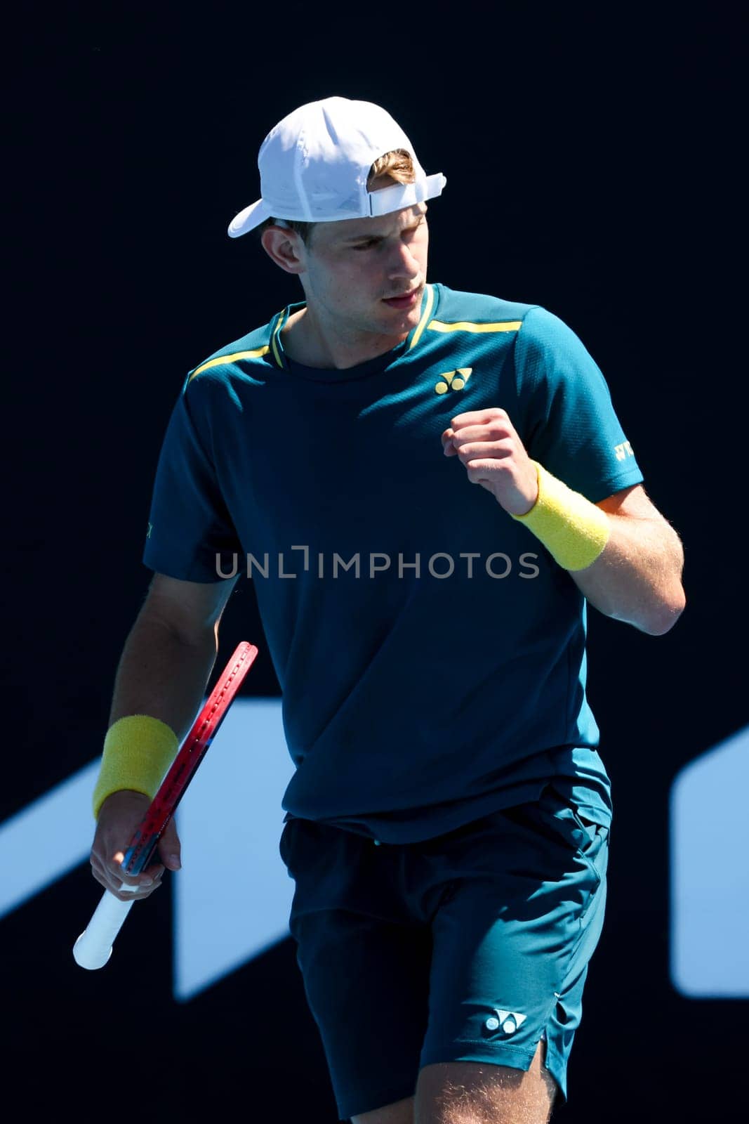 MELBOURNE, AUSTRALIA - JANUARY 11: Zizou Bergs of Belgium on his way to beating Joris De Loore of Belgium in qualifying for the 2024 Australian Open at Melbourne Park on January 11, 2024 in Melbourne, Australia.