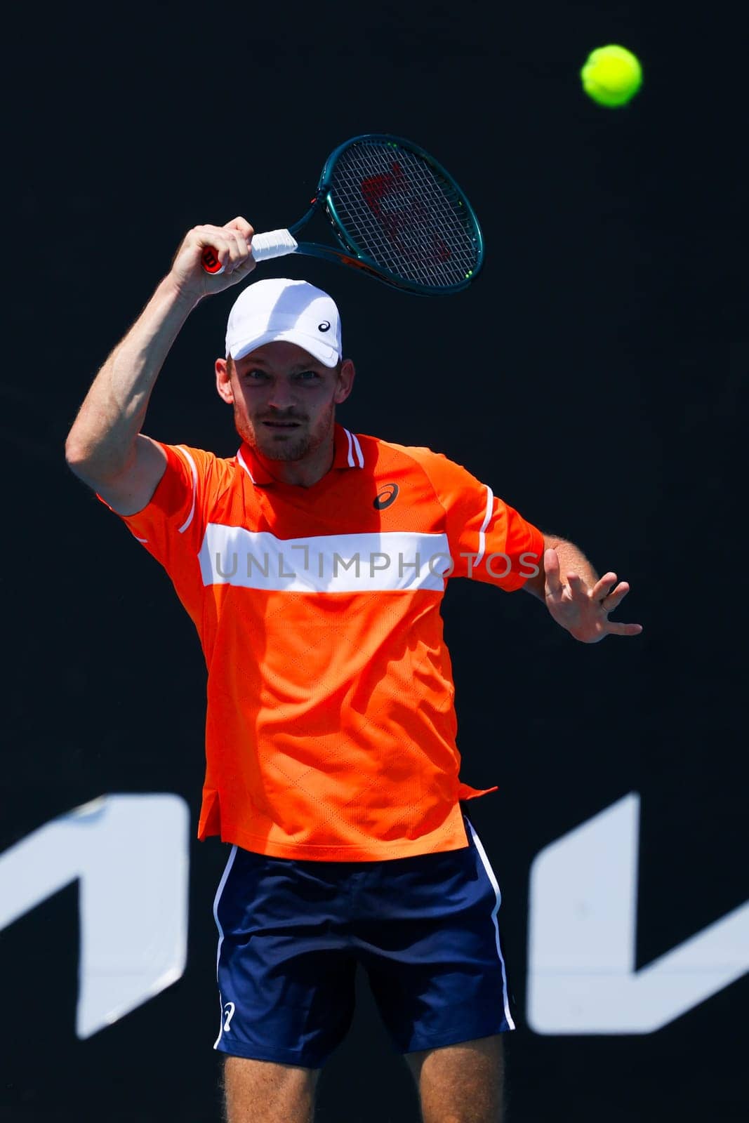 MELBOURNE, AUSTRALIA - JANUARY 11: David Goffin of France playing against Billy Harris of Great Britain in qualfying ahead of the 2024 Australian Open at Melbourne Park on January 11, 2024 in Melbourne, Australia.