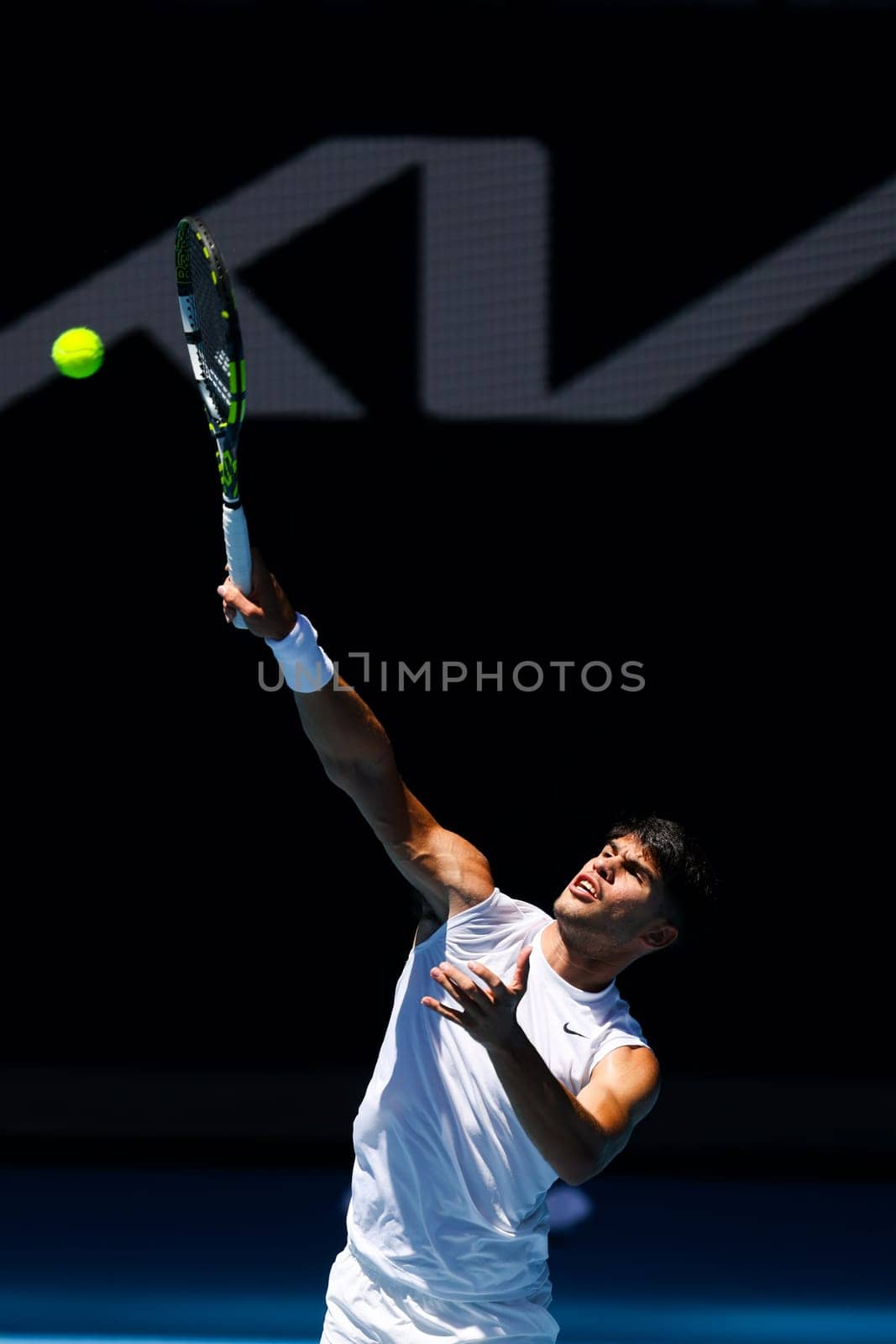 MELBOURNE, AUSTRALIA - JANUARY 11: Carlos Alcaraz of Spain completes a training session with Stan Wawrinka of Switzerland ahead of the 2024 Australian Open at Melbourne Park on January 11, 2024 in Melbourne, Australia.