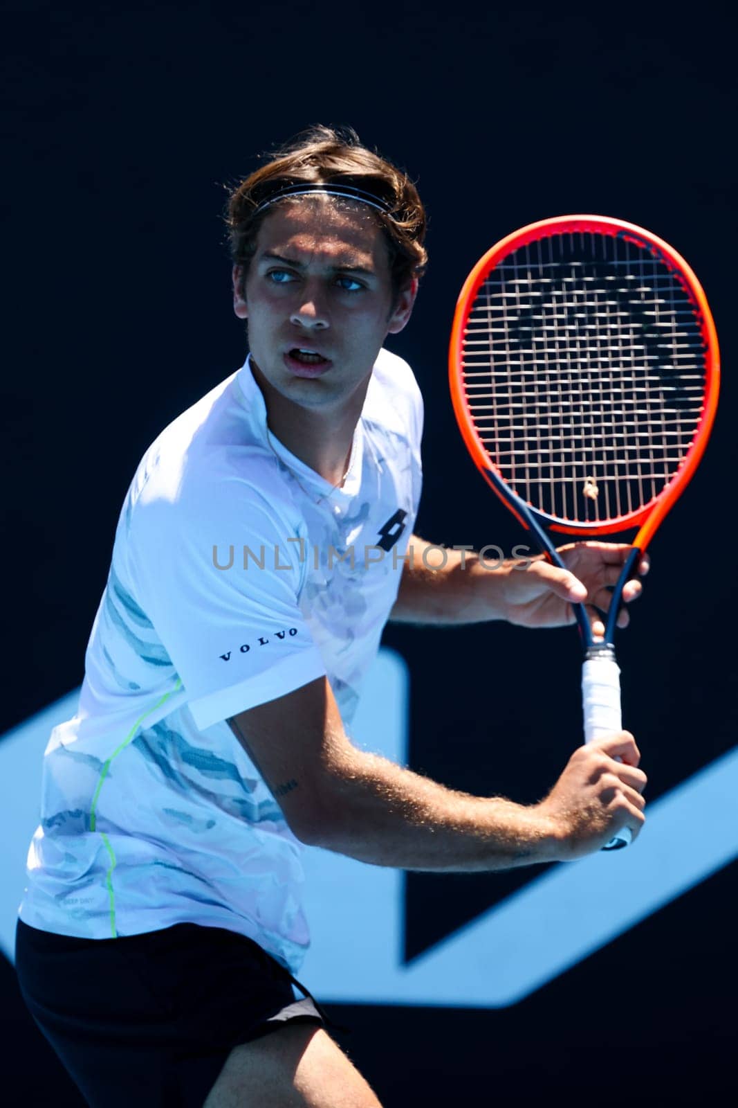 MELBOURNE, AUSTRALIA - JANUARY 11: Flavio Cobolli of Italy on his way to beating Benjamin Hassan of Lebanon in qualifying for the 2024 Australian Open at Melbourne Park on January 11, 2024 in Melbourne, Australia.