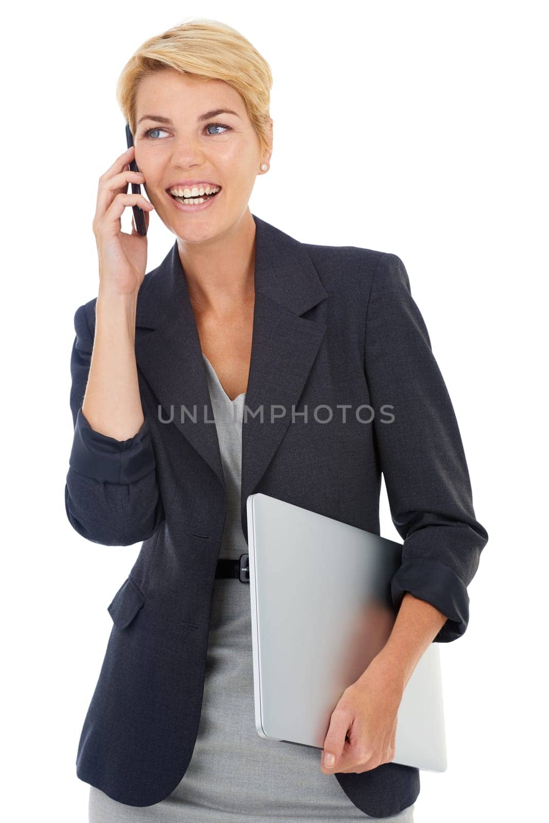 Happy, talking or businesswoman in studio on a phone call negotiation, networking or speaking. White background, mobile communication or manager laughing in conversation, discussion or news for deal.