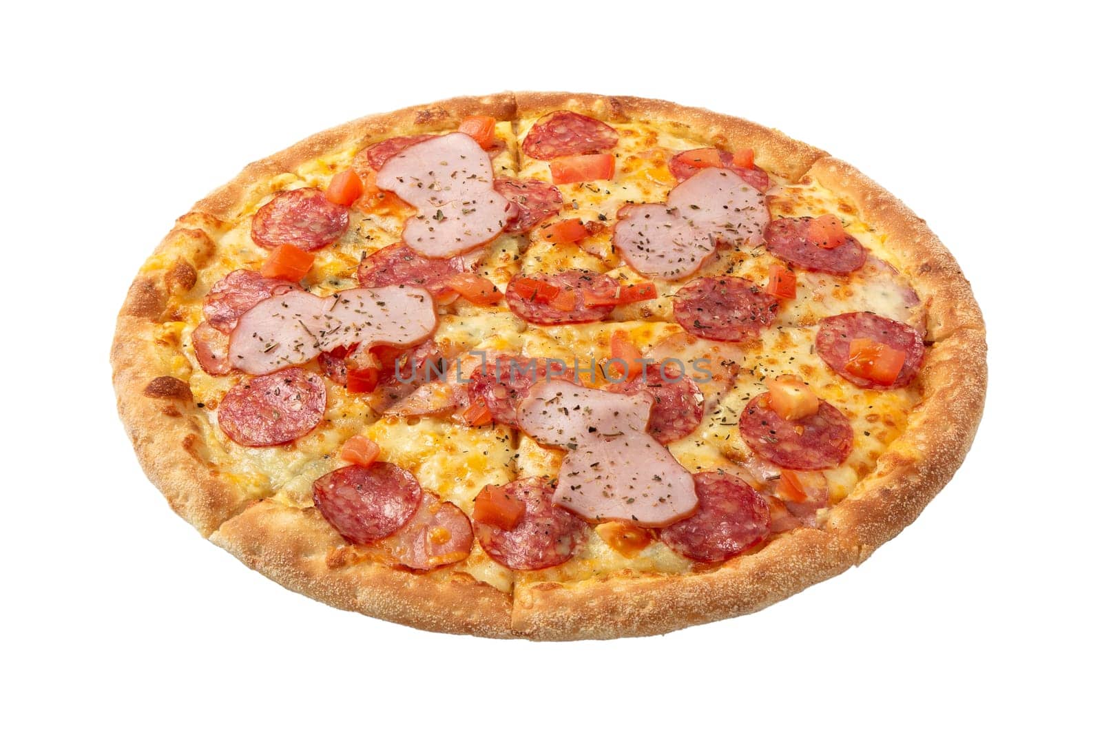Delicious classic italian Pizza Pepperoni with sausages and cheese mozzarella. Fresh italian classic original pepperoni pizza isolated on white background.