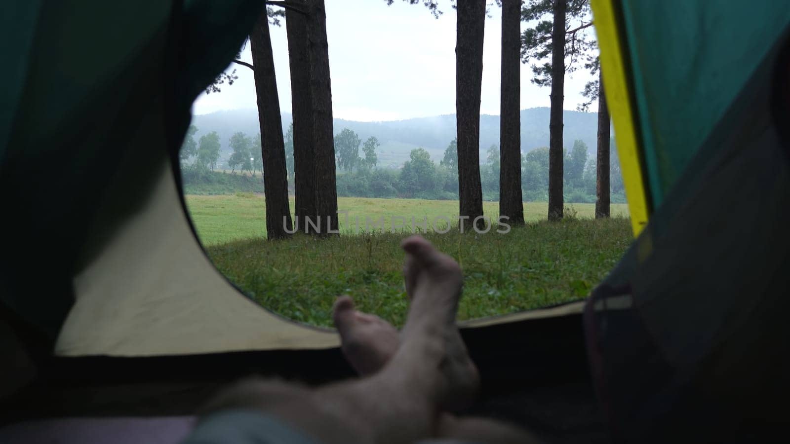 Legs of a man resting in a tent against the background of the forest. by DovidPro