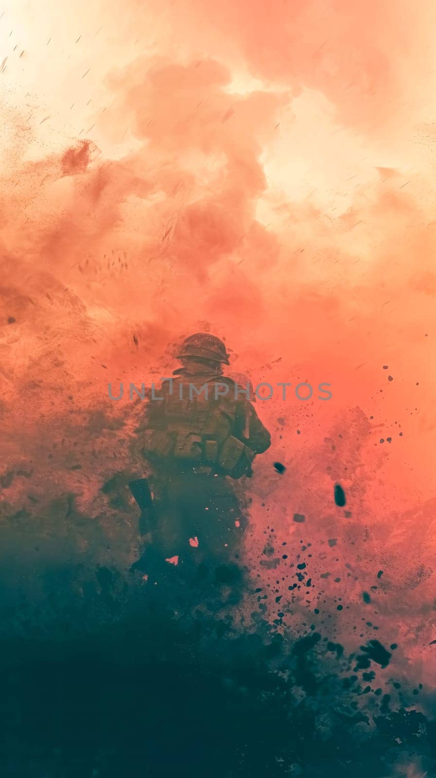 A lone soldier enveloped in a mist of dust and smoke, set against a vibrant backdrop of fiery orange to deep teal, suggesting a scene of intense conflict or aftermath. by Edophoto