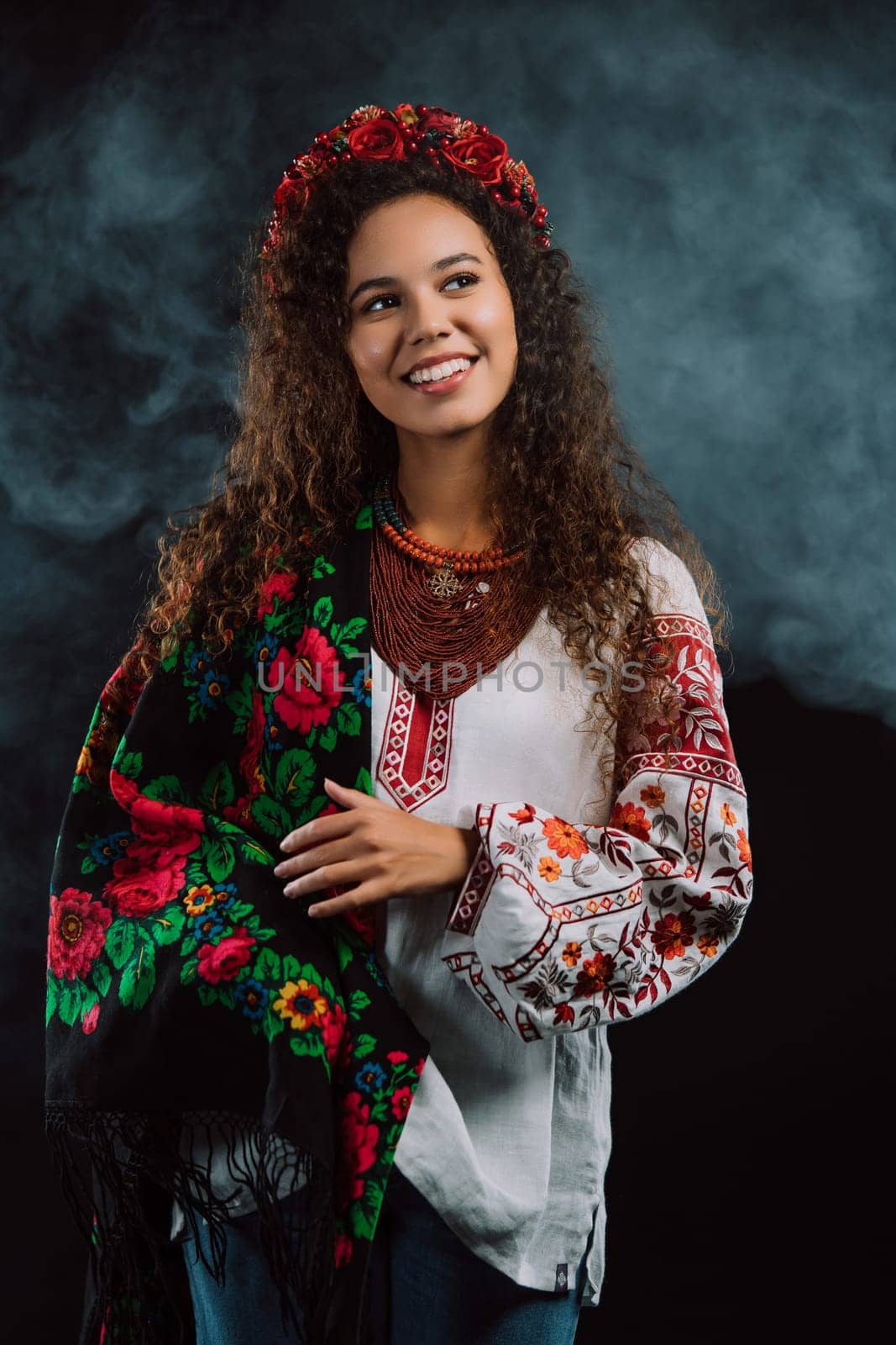 Modern young woman in traditional ukrainian handkerchief. Ukraine, style, folk by kristina_kokhanova