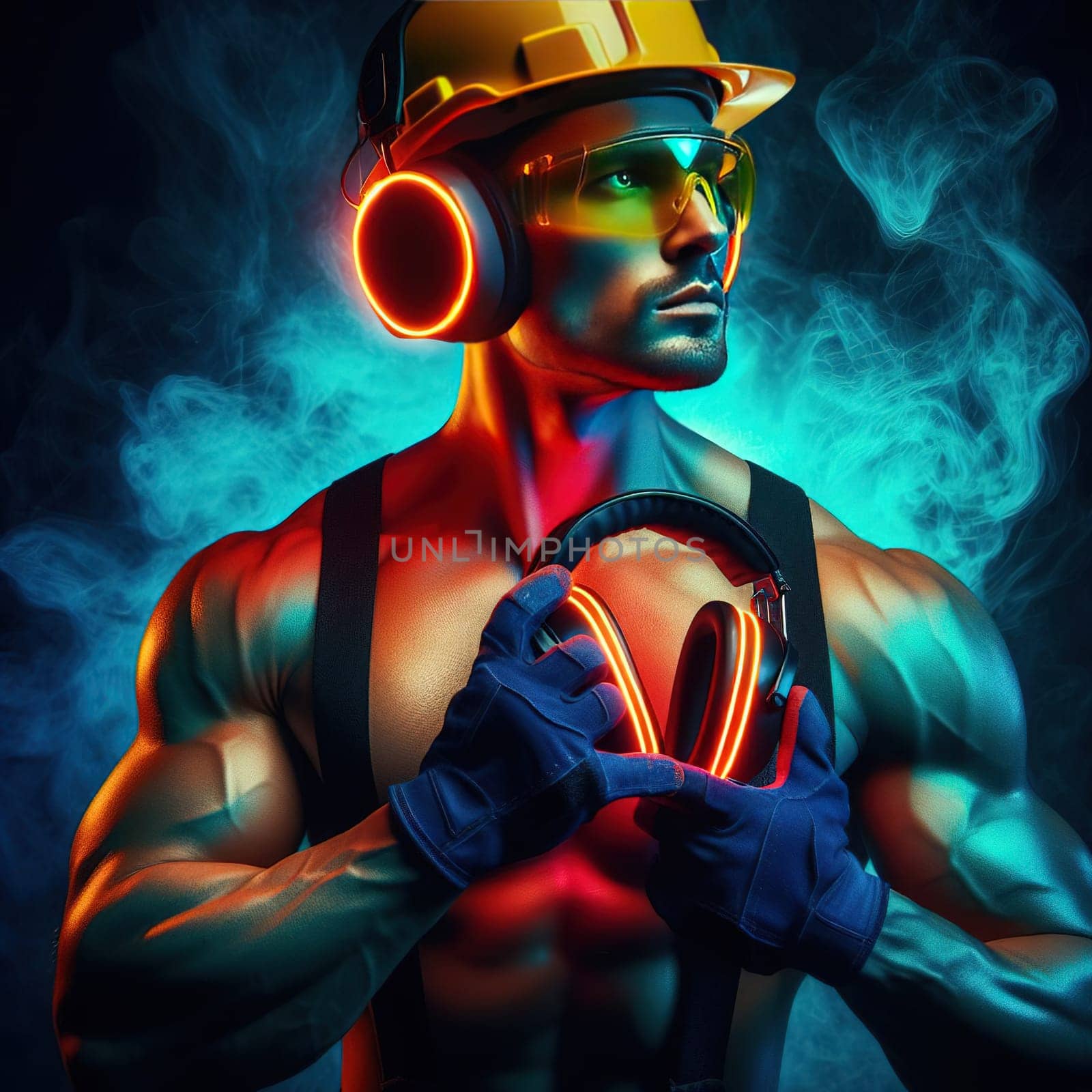 Strong construction worker with neon light holding soundproof headphones. High quality photo