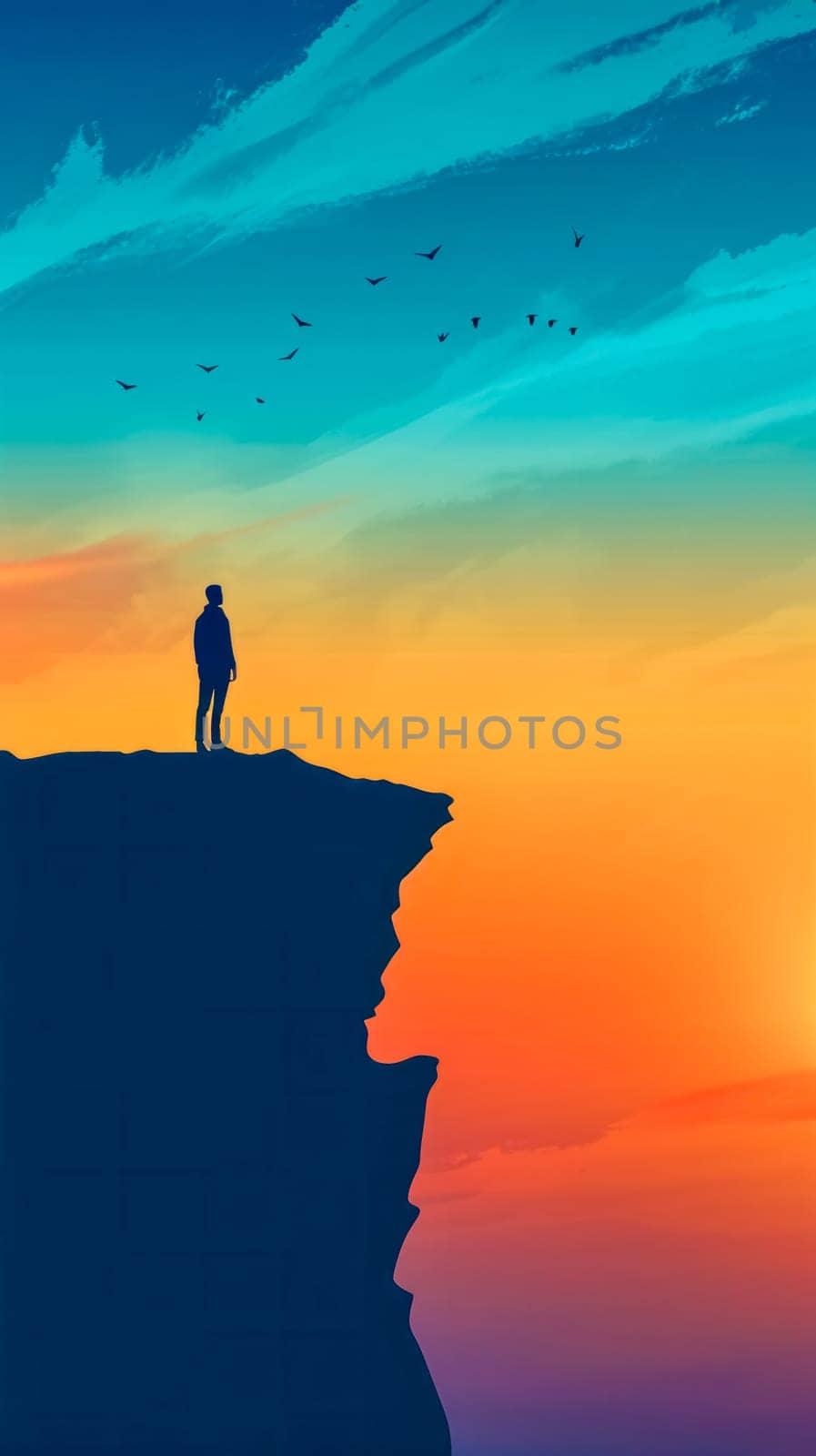 A solitary figure stands atop a cliff with a serene sunset backdrop, evoking contemplation and freedom. vertical, copy space