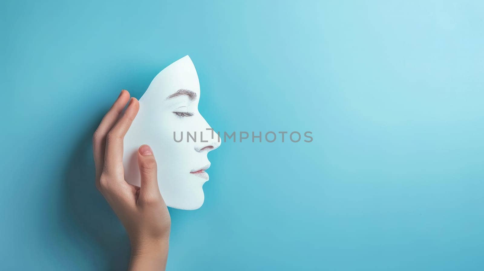 A hand holding a white mask with a serene female facial feature against a solid teal background, embodying themes of identity and introspection by Edophoto