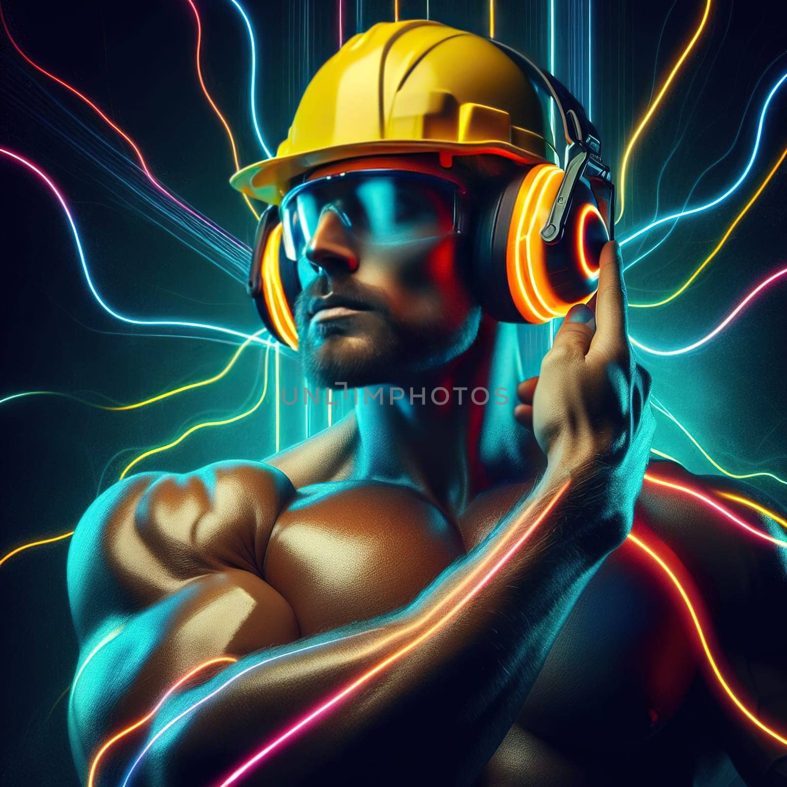 Strong construction worker with neon light holding soundproof headphones. High quality photo