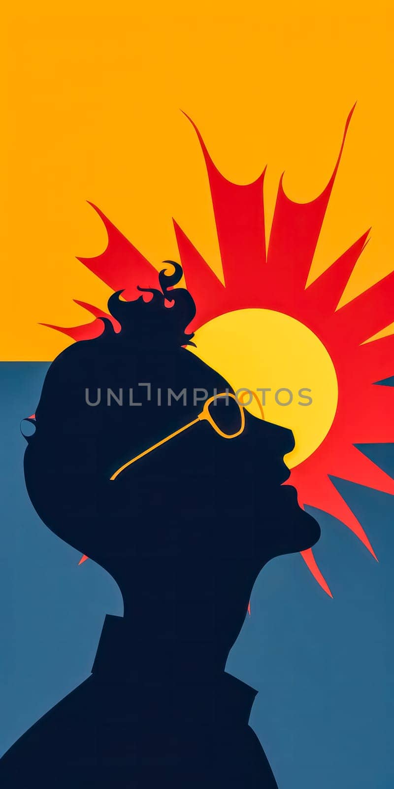 stylized silhouette of a person with an afro and sunglasses against a vibrant yellow and blue background, with a fiery sun motif integrated into the design, suitable for a dynamic and bold banner text by Edophoto