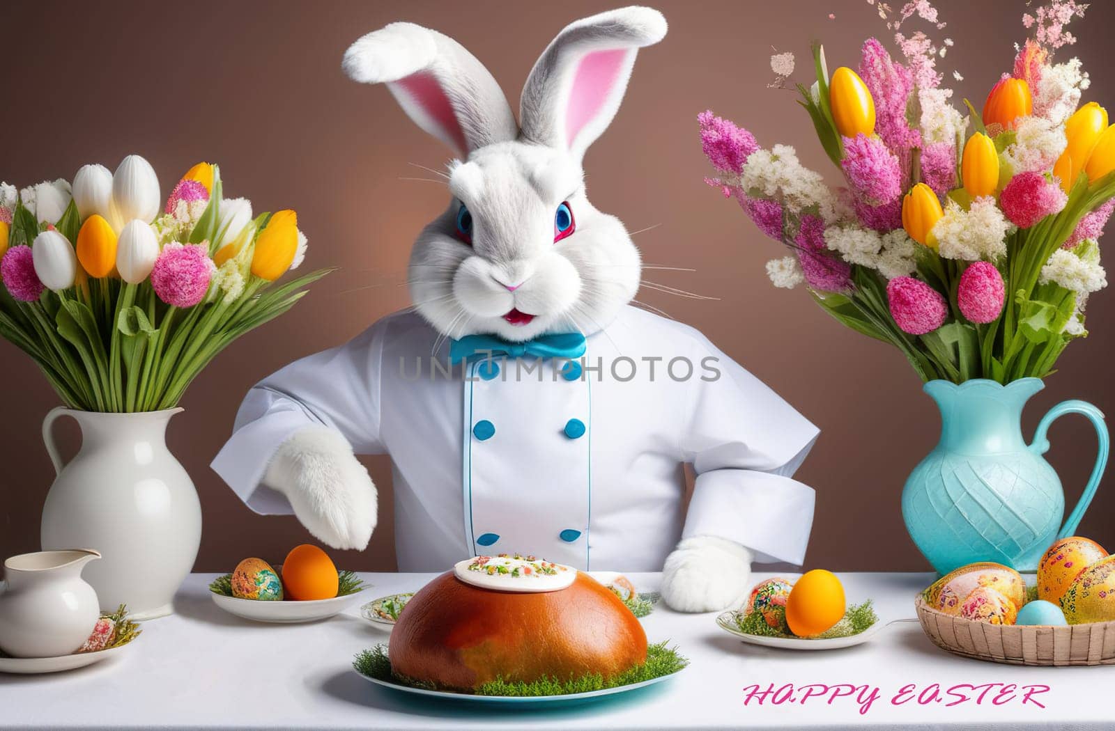 fabulous Easter Bunny in a chef's robe and hat invites you to a served Easter table. Easter card.