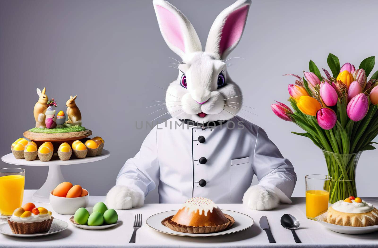 fabulous Easter Bunny in a chef's robe and hat invites you to a served Easter table. Easter card by Proxima13