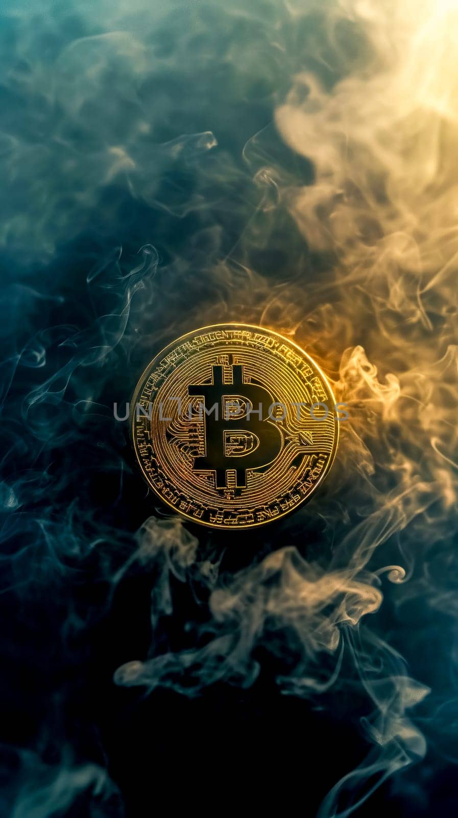 golden Bitcoin coin surrounded by ethereal smoke against a dark background, creating a mysterious volatility and intangible nature of cryptocurrency, banner with space for text, vertical