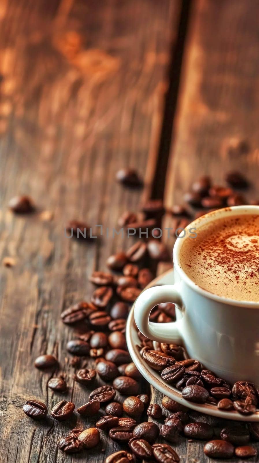 freshly brewed cup of coffee, creamy top, surrounded by a scatter of roasted coffee beans on a rustic wooden surface, conveying the rich aroma and comforting experience of enjoying a quality coffee.