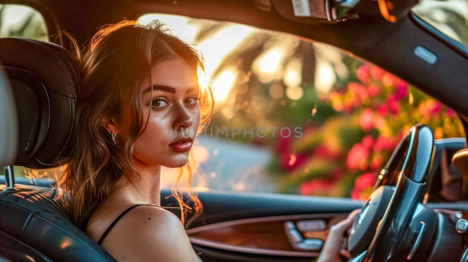 young woman sitting in the driver's seat of a luxury car with the glow of sunset behind her, blurred flowers in the background