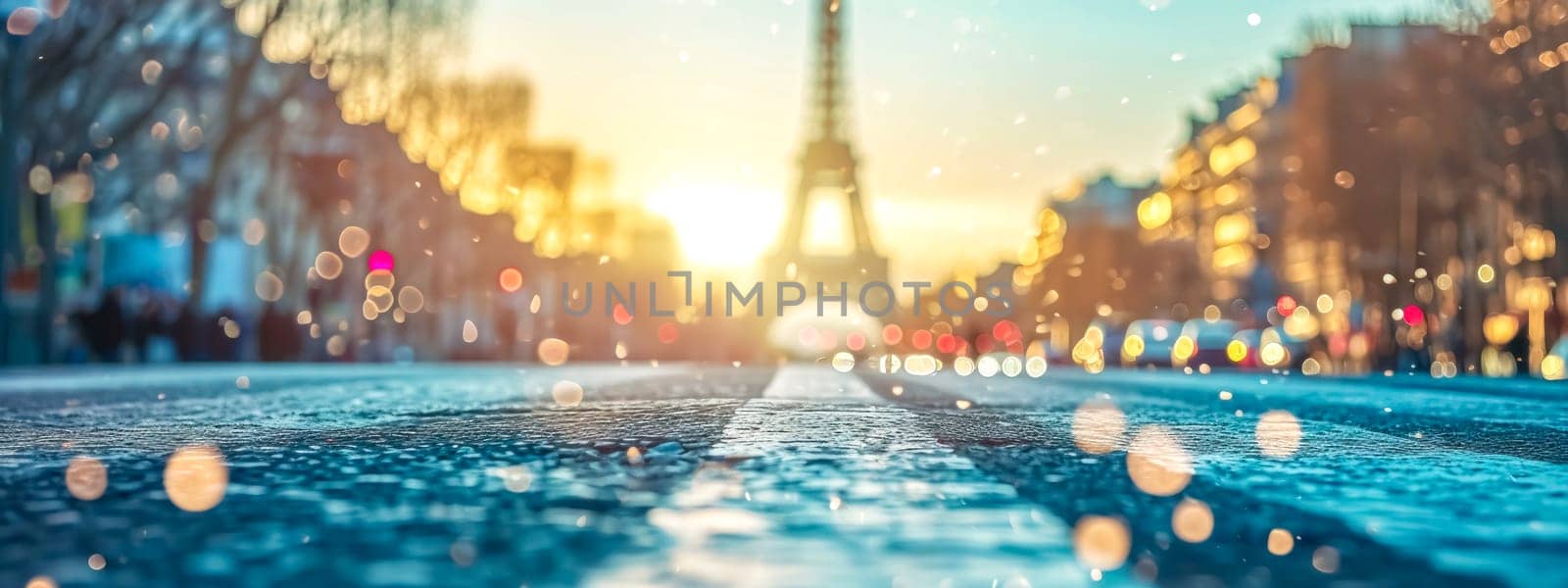 Sunset view of a Paris street leading to the Eiffel Tower, with a bokeh effect and wet ground reflecting lights. banner with copy space