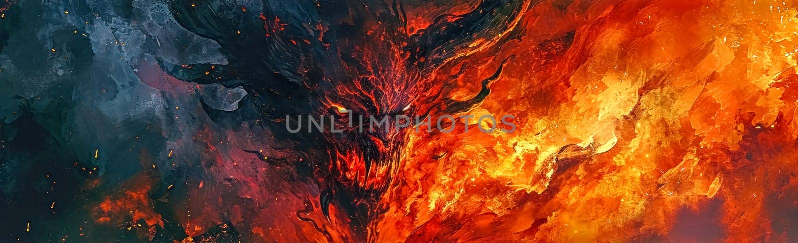 intense and fiery abstract depiction, with vibrant orange and red hues that evoke the ferocity and chaos of a blazing inferno. banner with copy space