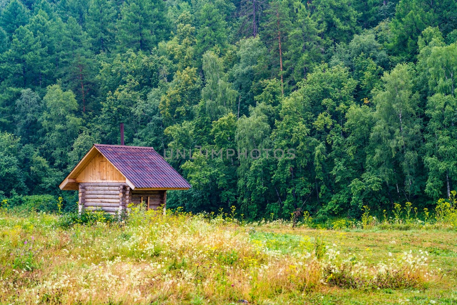Wooden bathhouse in the beautiful Russian nature by the river. by DovidPro