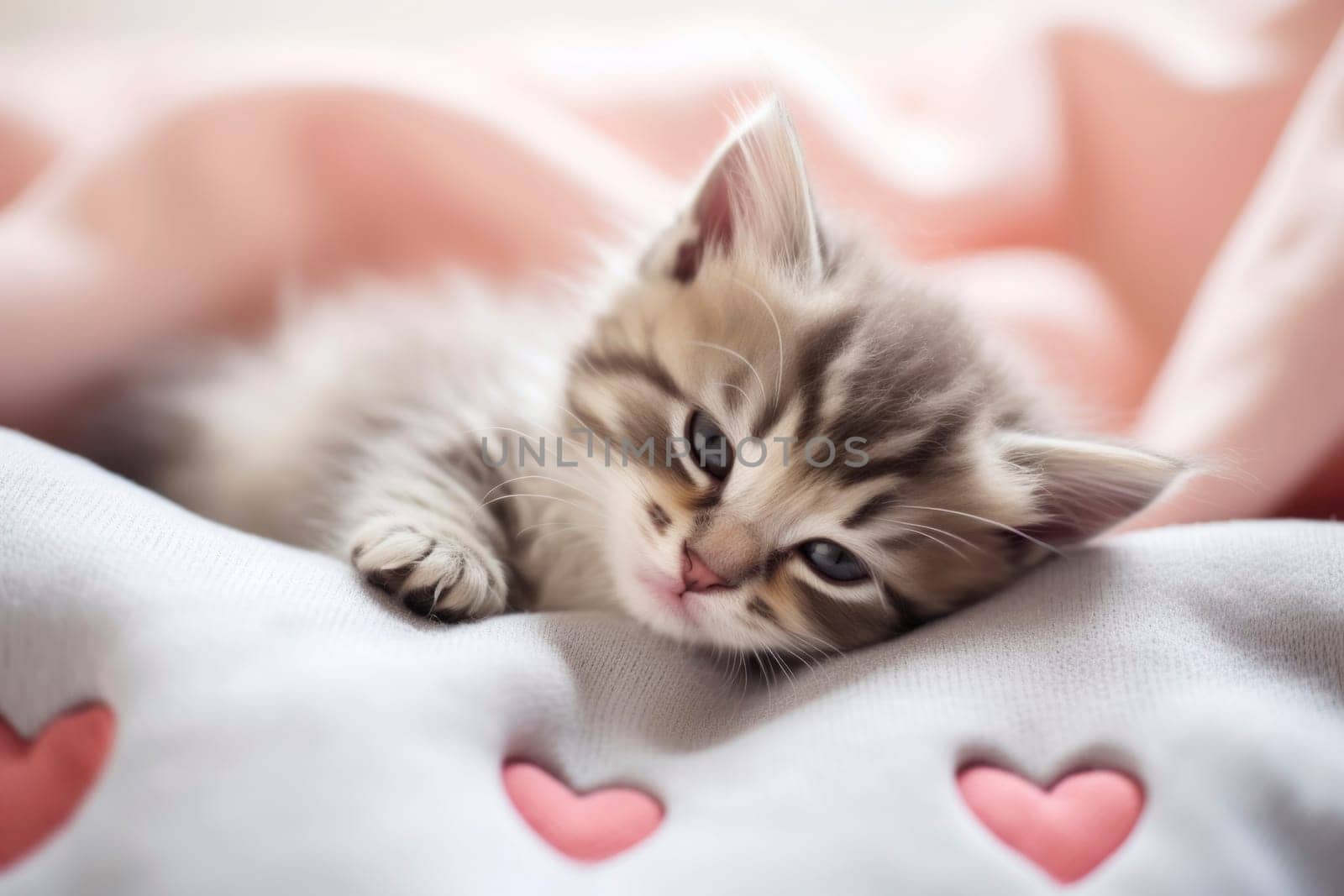 A charming kitten with beautiful markings lounging on a soft blanket adorned with heart patterns, exuding cuteness and tranquility.