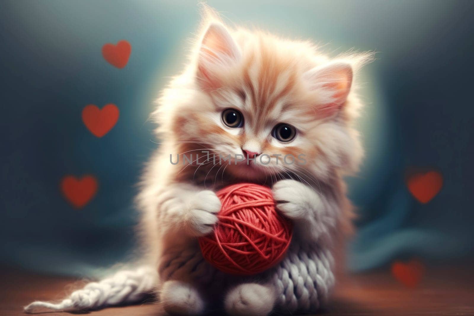 An adorable fluffy kitten with big innocent eyes playing with a ball of red yarn, surrounded by soft heart bokeh.