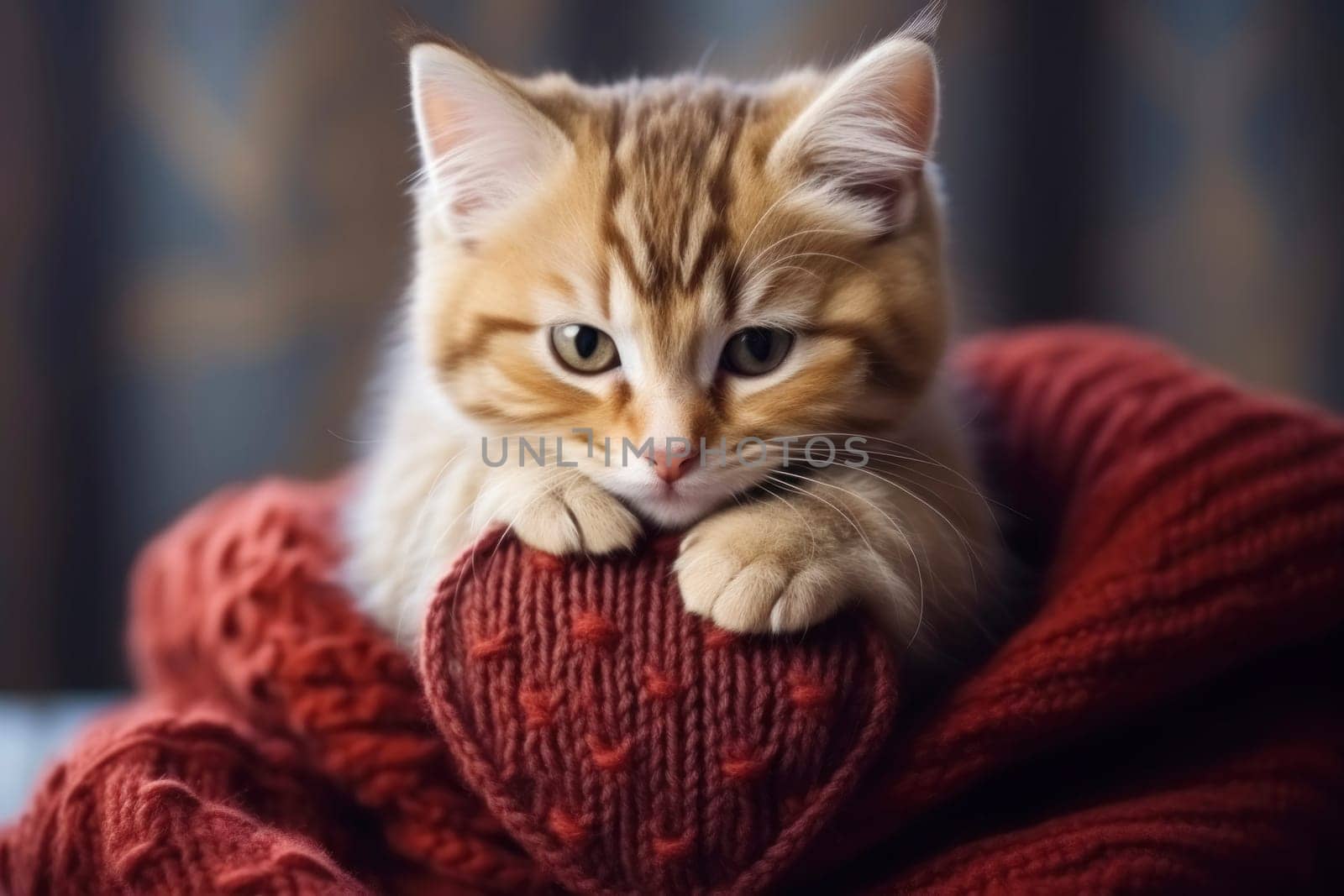 An adorable ginger kitten with striking eyes hugging a knitted heart cushion, enveloped in a cozy, warm red scarf.