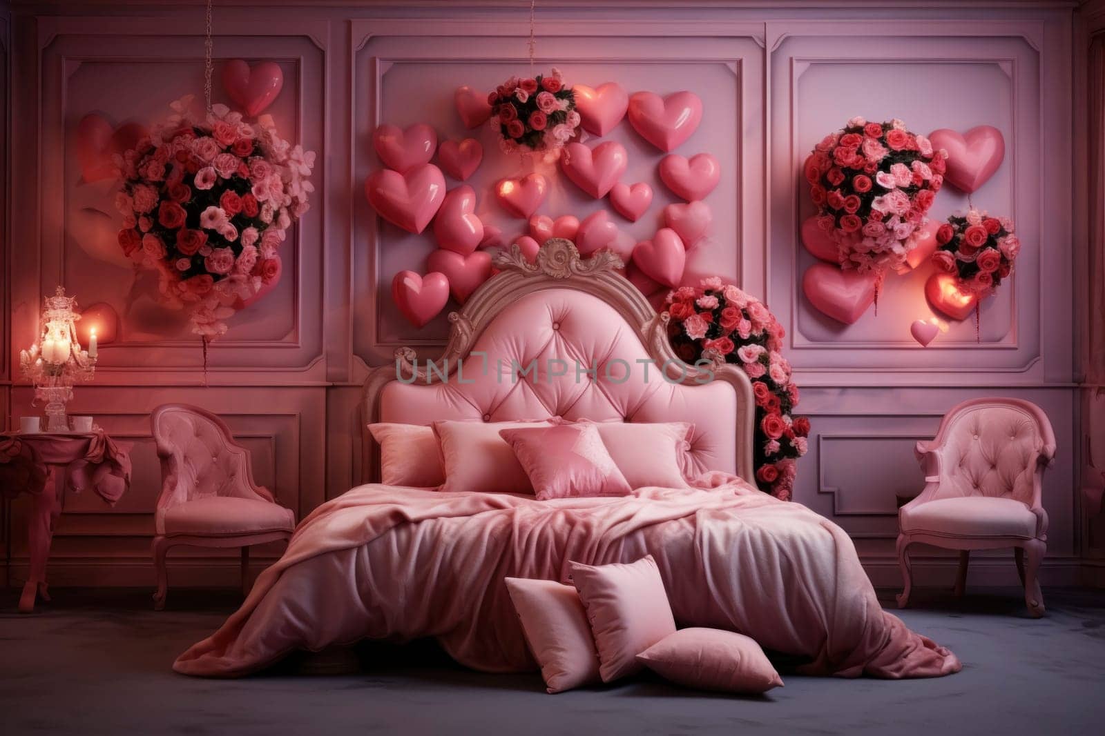 A luxurious bedroom adorned with heart-shaped balloons and lavish rose arrangements, embodying a romantic Valentine's Day theme.