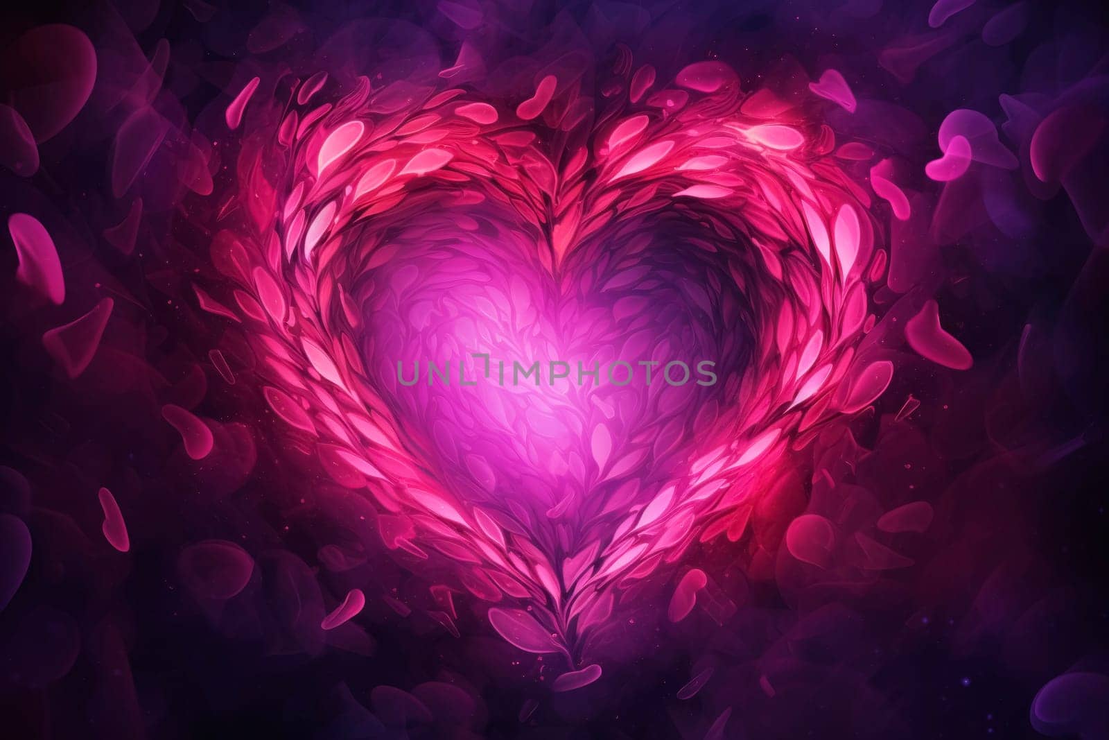 Abstract artwork of a heart-shaped nebula with vibrant pink and purple hues, evoking a sense of cosmic love and romance.