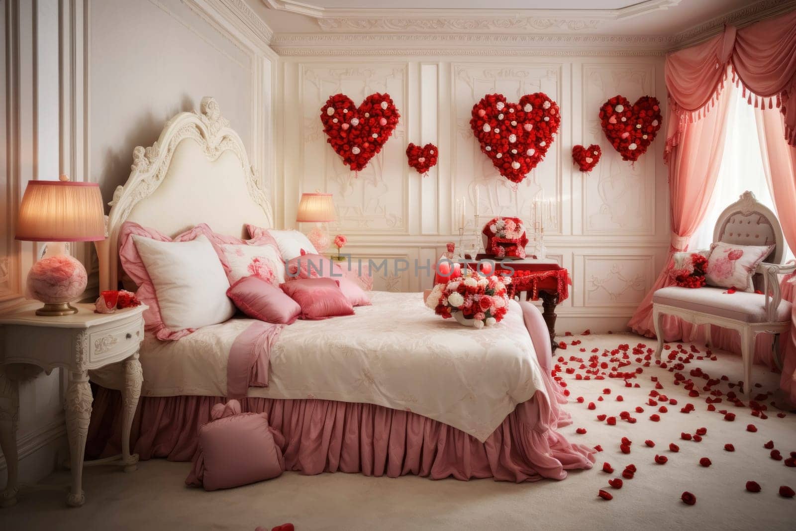 A lavishly decorated bedroom for Valentine's Day, complete with luxurious red and pink floral arrangements, heart wreaths, and scattered rose petals.