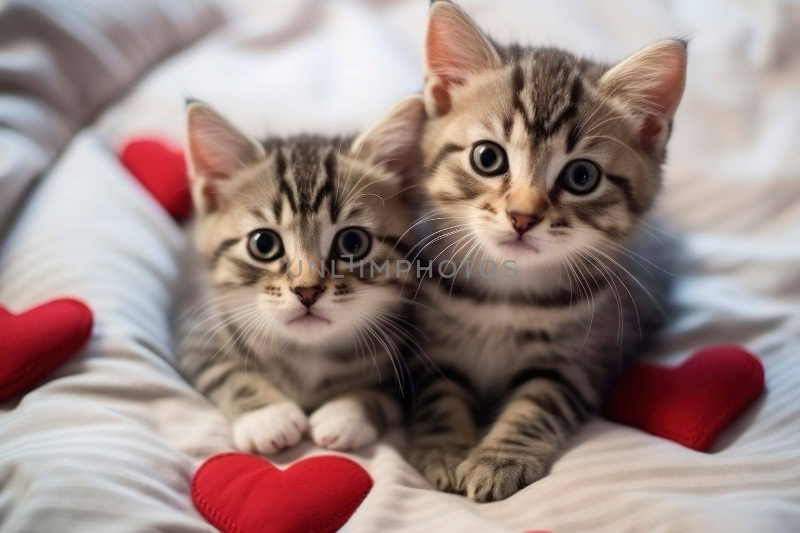 A pair of curious tabby kittens with striking markings, nestled comfortably among red heart-shaped cushions.