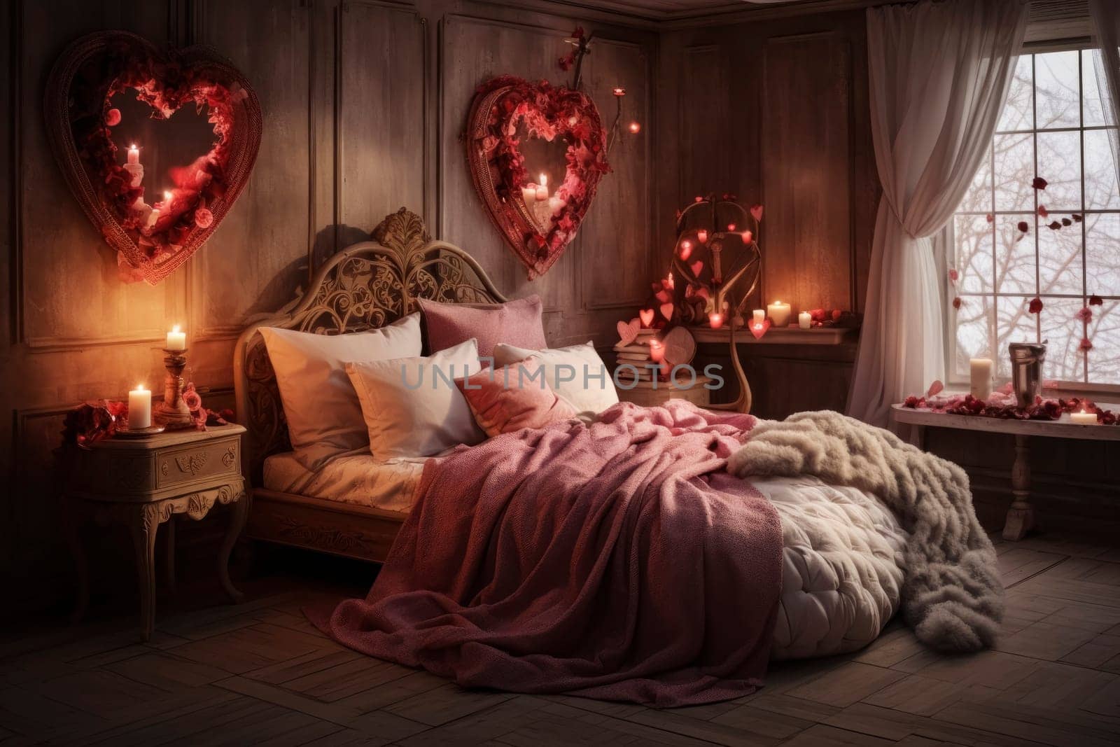 Vintage-inspired bedroom adorned with heart-shaped wreaths and soft lighting, creating a romantic atmosphere with plush bedding and decorative candles.