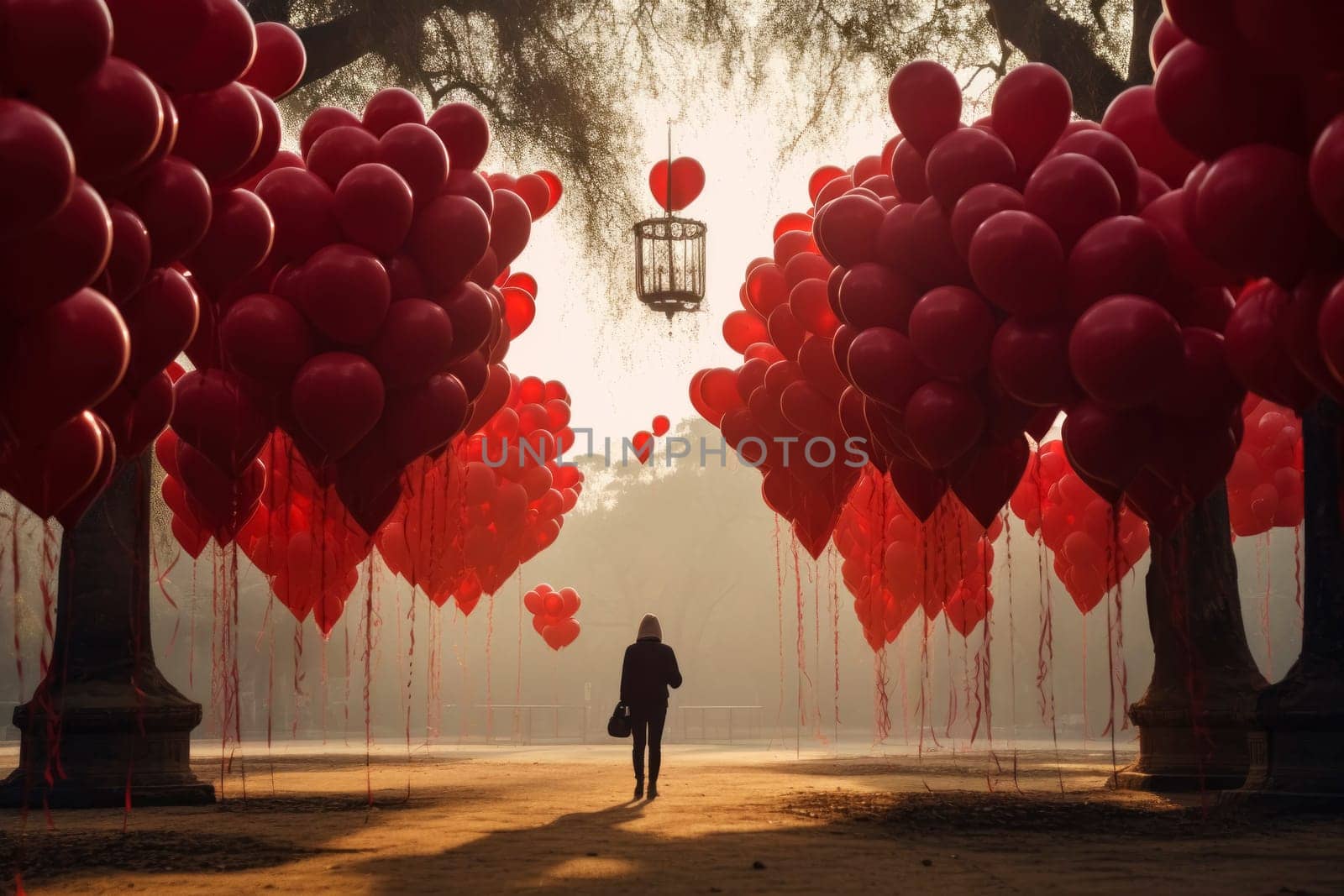A solitary figure walks through a dreamlike forest aglow with sunrise, the path adorned with romantic red heart-shaped balloons.