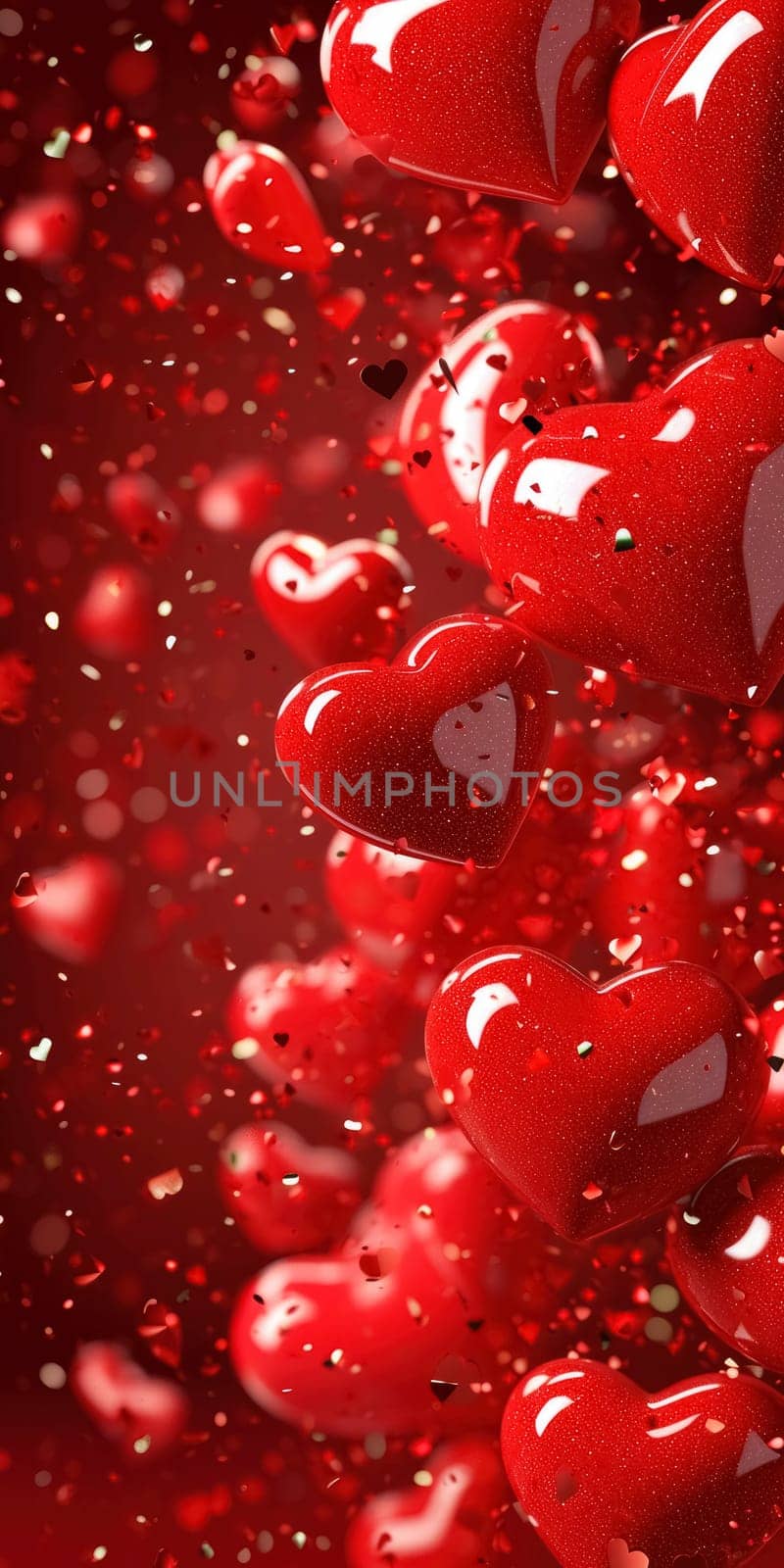 Red background with hearts for Valentine's Day. Vertical banner, voucher or greeting card for smartphone.