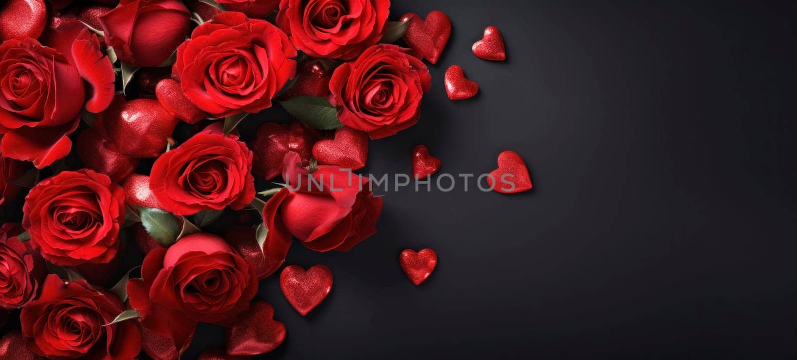 Roses, petals and hearts on a dark background with copy space by andreyz