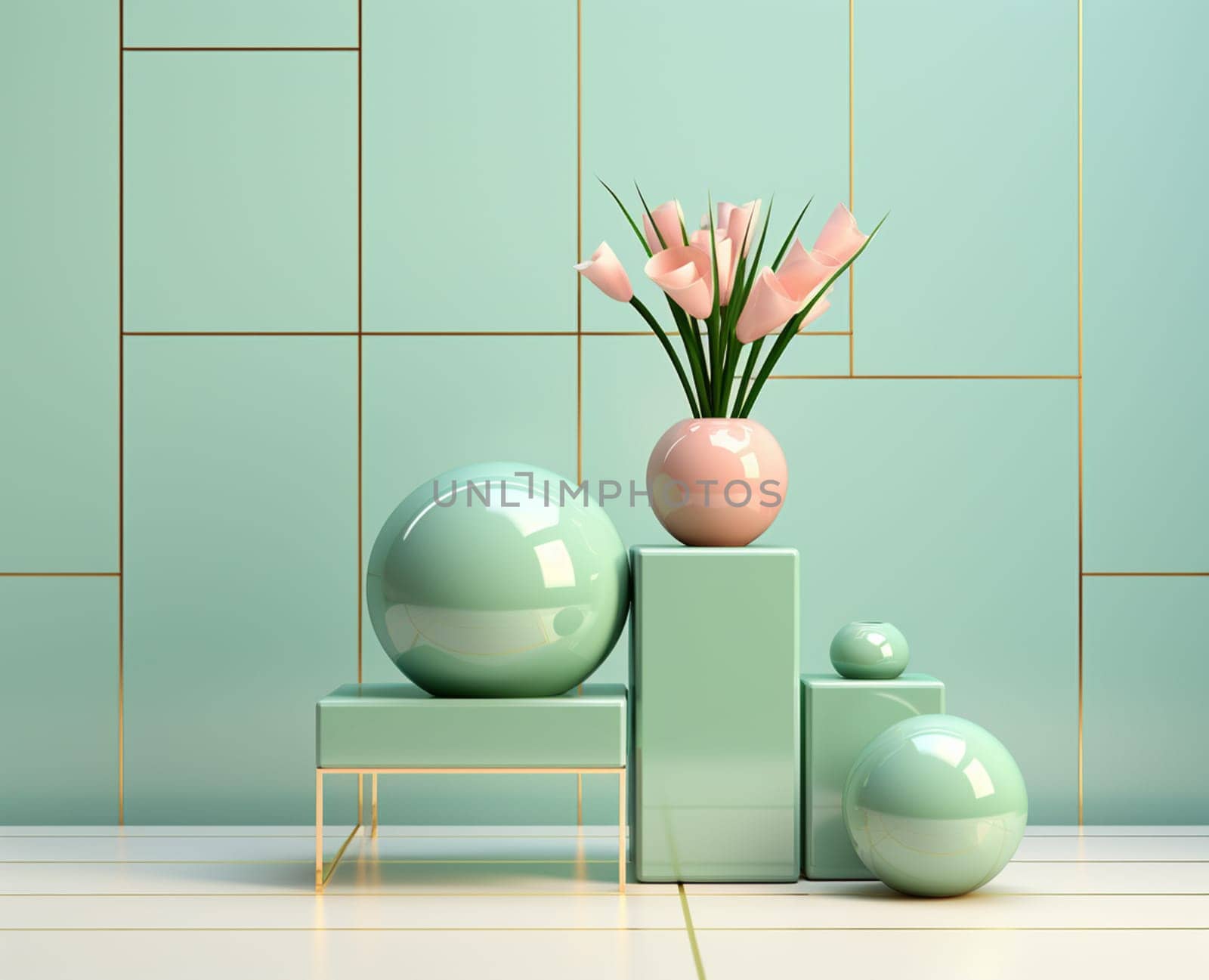 Display podium with flower pot. soft background. 3d rendering. 3d illustration. by Andelov13