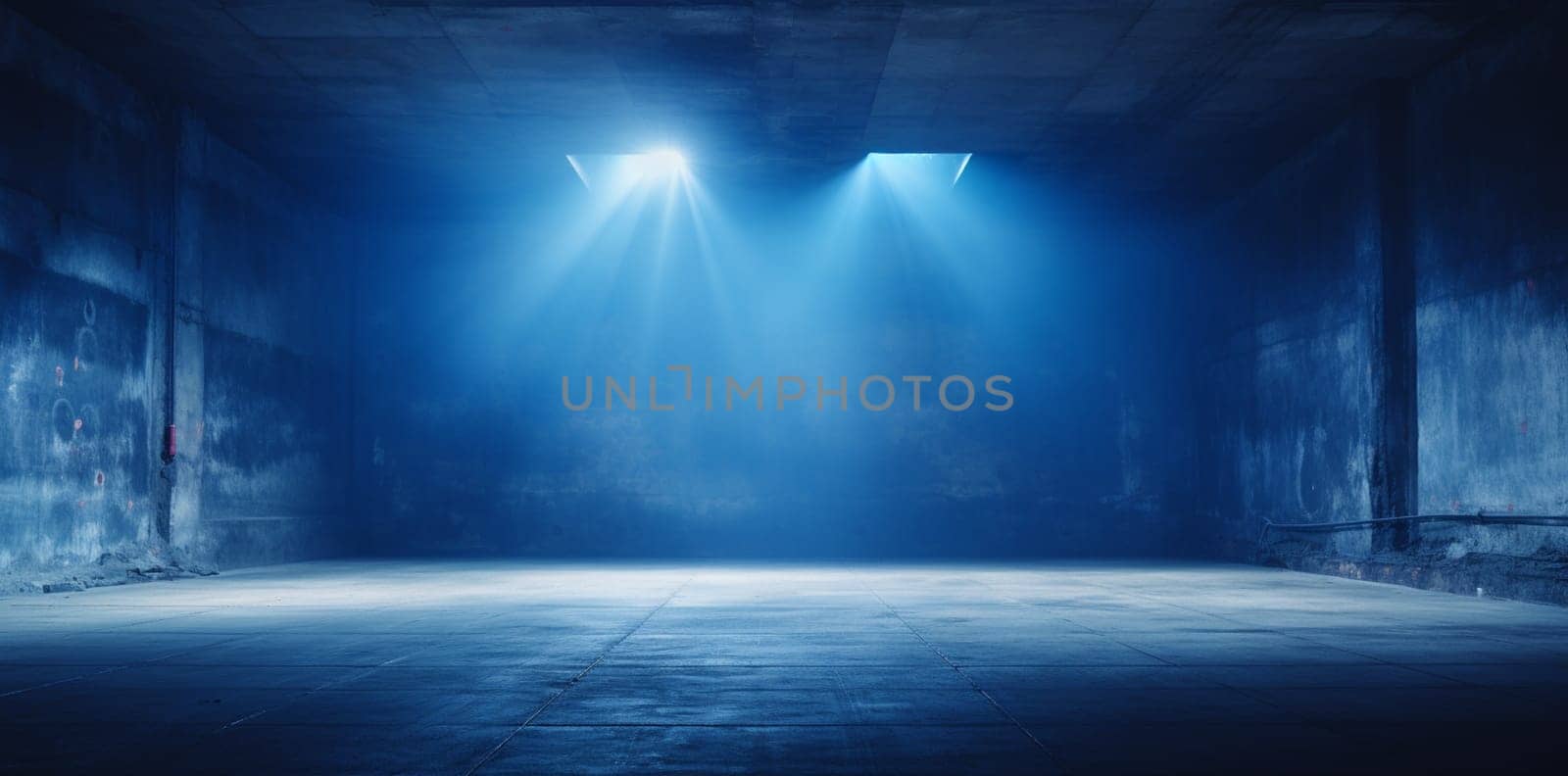 Sci Fi futuristic Neon Blue Concrete Garage Underground Cyber Virtual Lines Pillars Pantone Classic Spaceship Showroom 3D Rendering Illustration by Andelov13